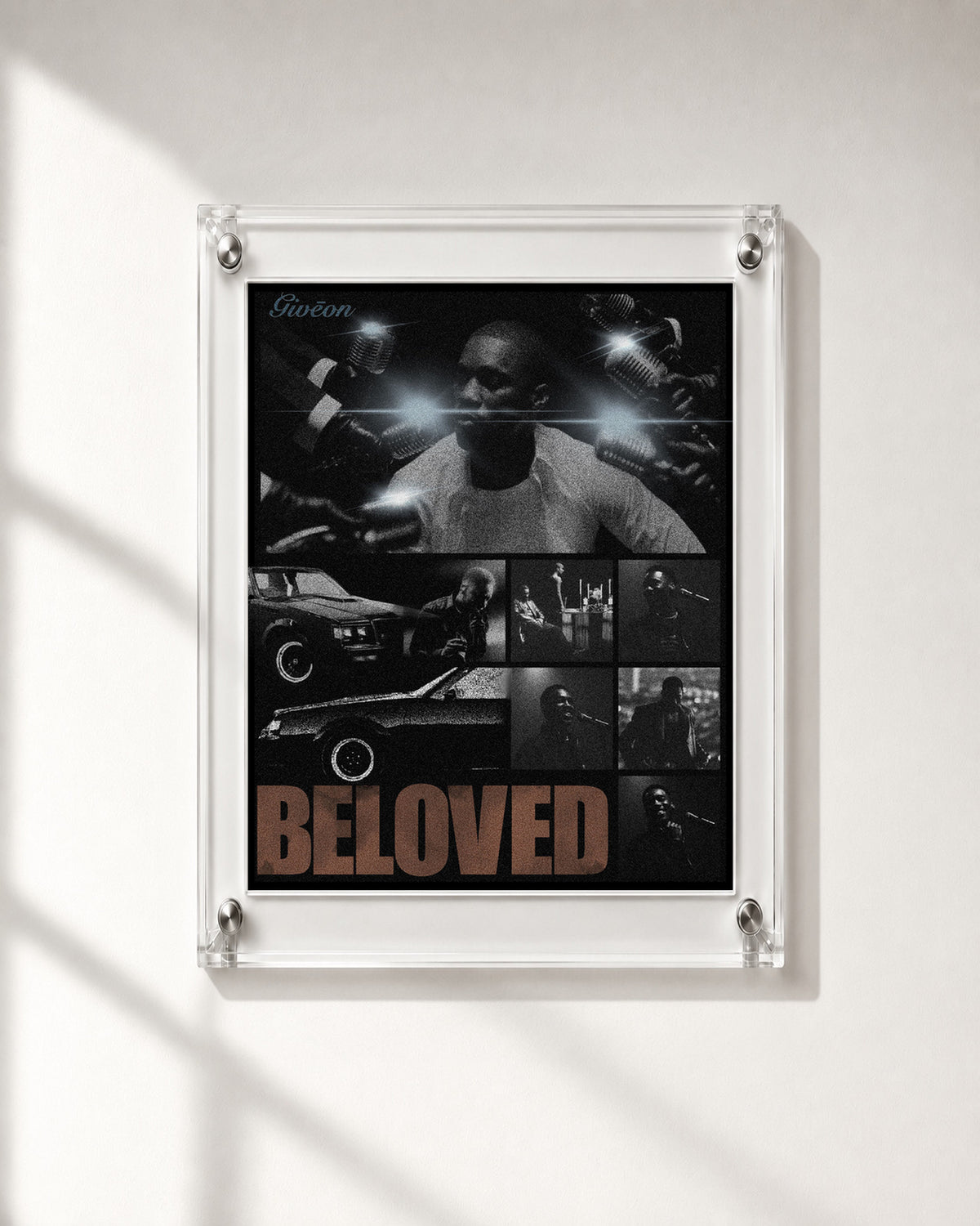 GIVĒON BELOVED Black and White Photo Collage Poster; frame close-up; transparent acrylic frame for display only. Print sold unframed.