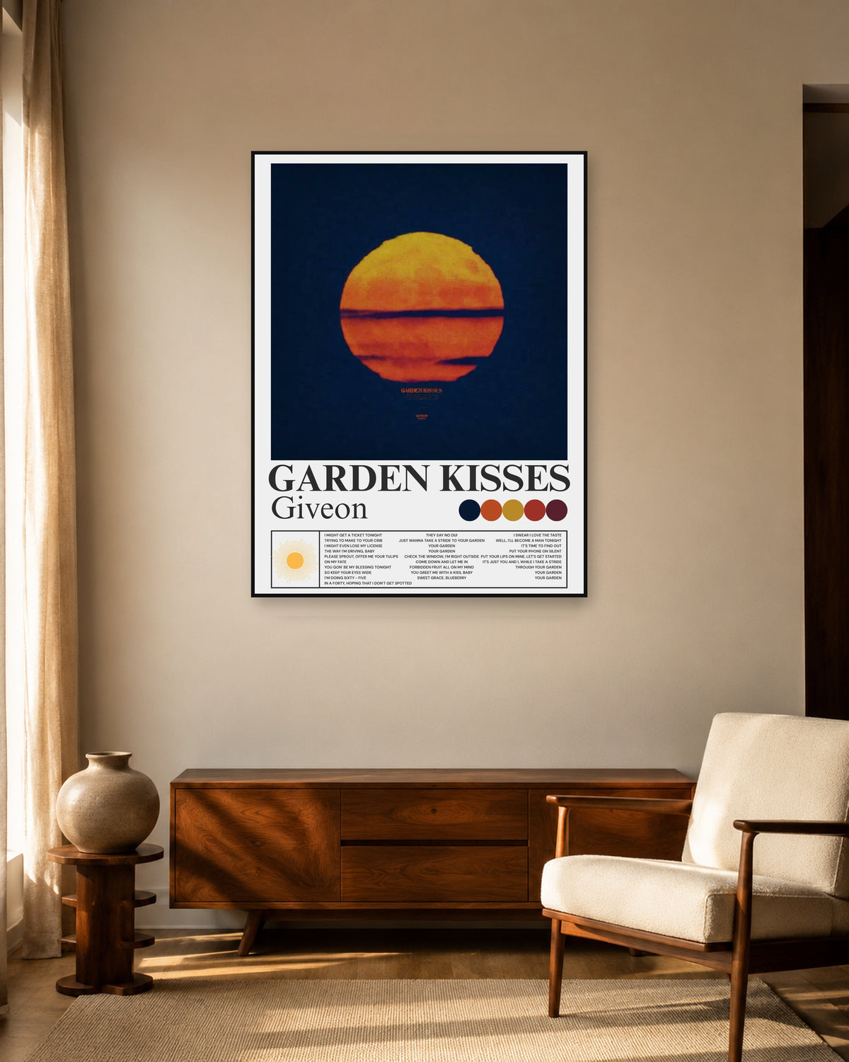 GIVĒON Garden Kisses Sunset Lyric Poster — warm mid-century living room display. Print sold unframed; frame for display only.
