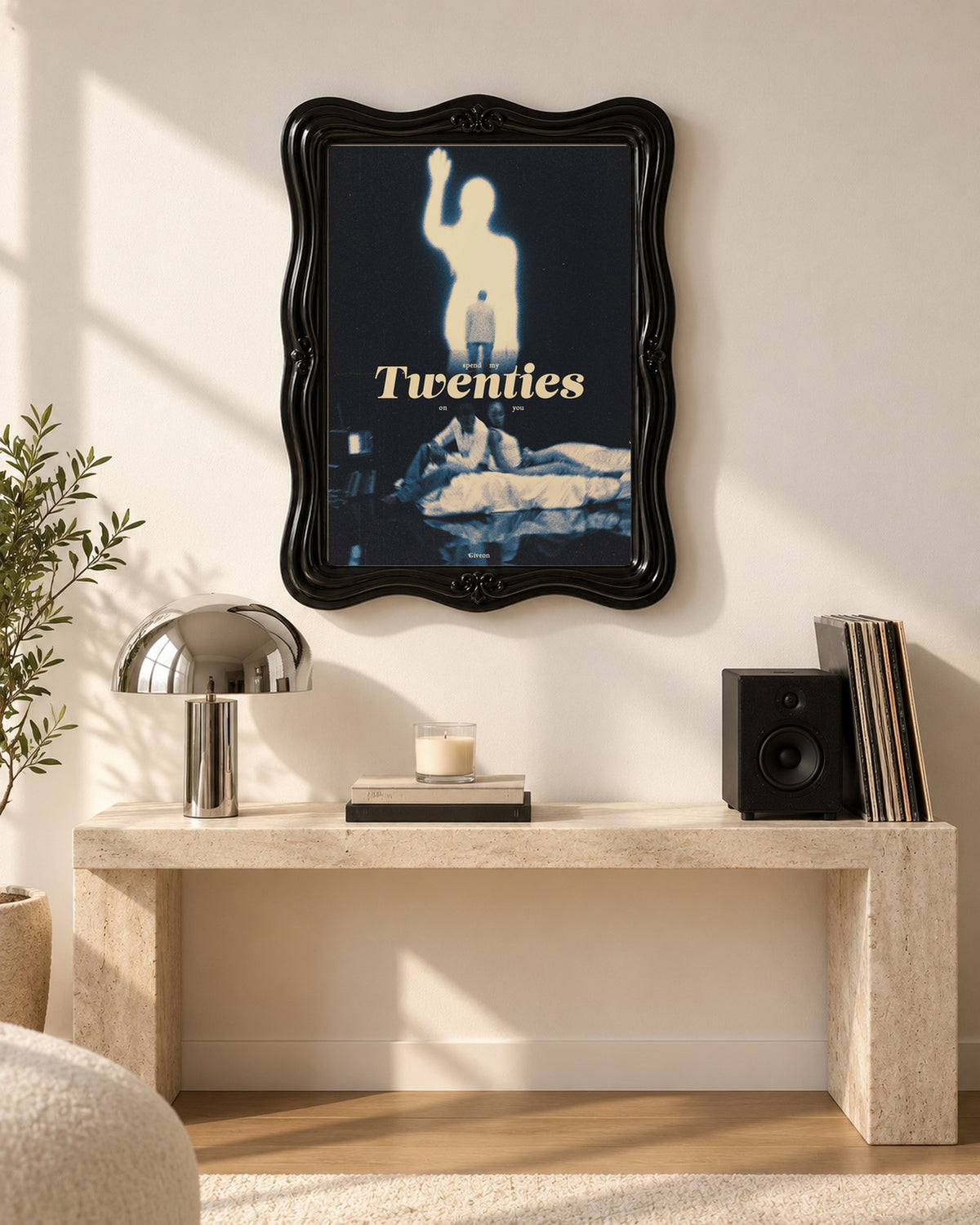 GIVĒON Twenties Blue and Cream Collage Poster; console room scene; black ornate frame for display only. Print sold unframed.