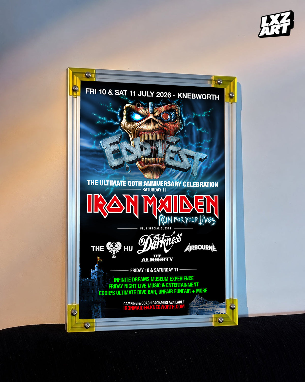 Iron Maiden Eddfest Knebworth 2026 Festival poster displayed against a warm wall in a yellow-corner frame; unframed print, frame not included