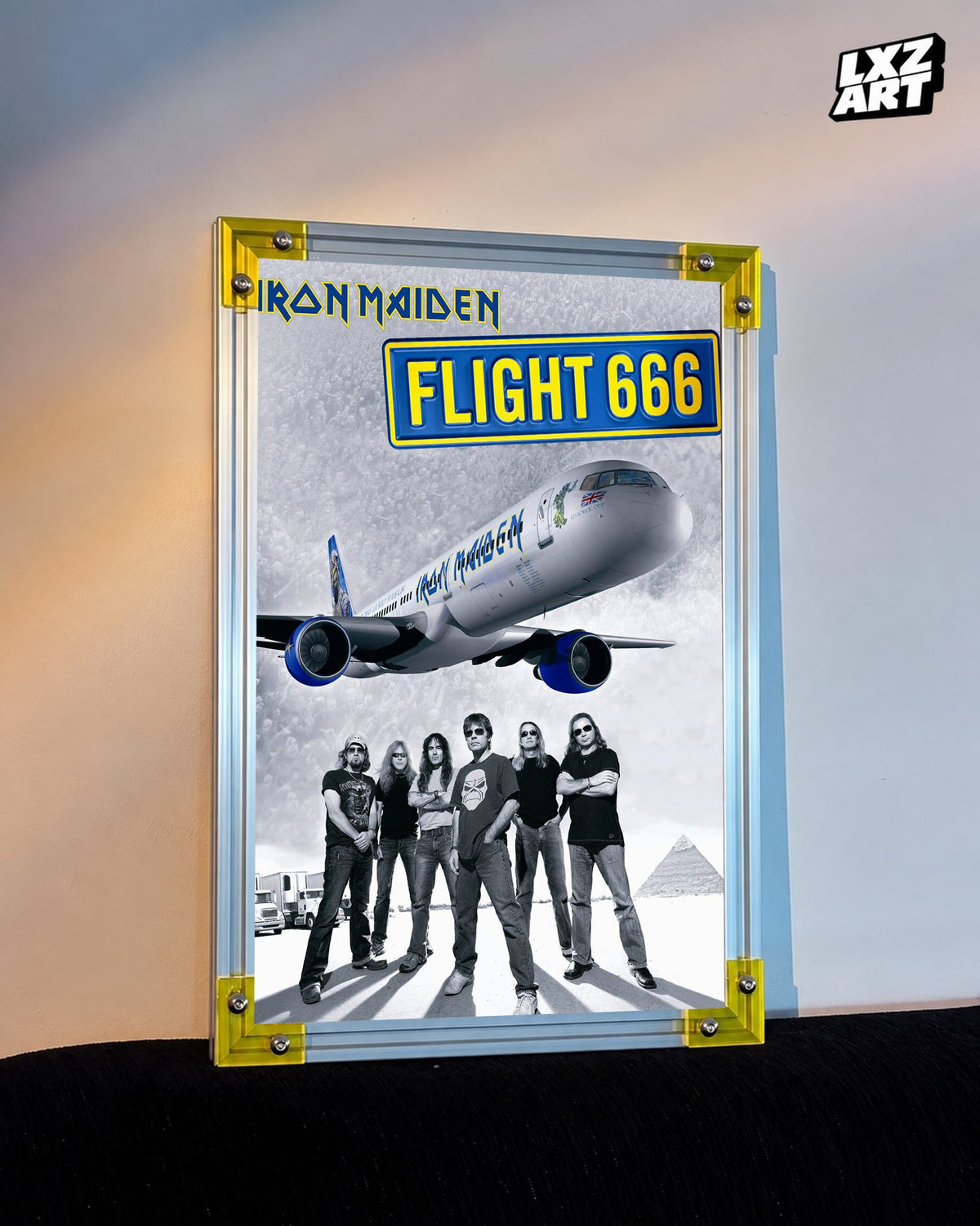 Iron Maiden Flight 666 Concert Documentary poster displayed against a warm wall in a yellow-corner frame; unframed print, frame not included