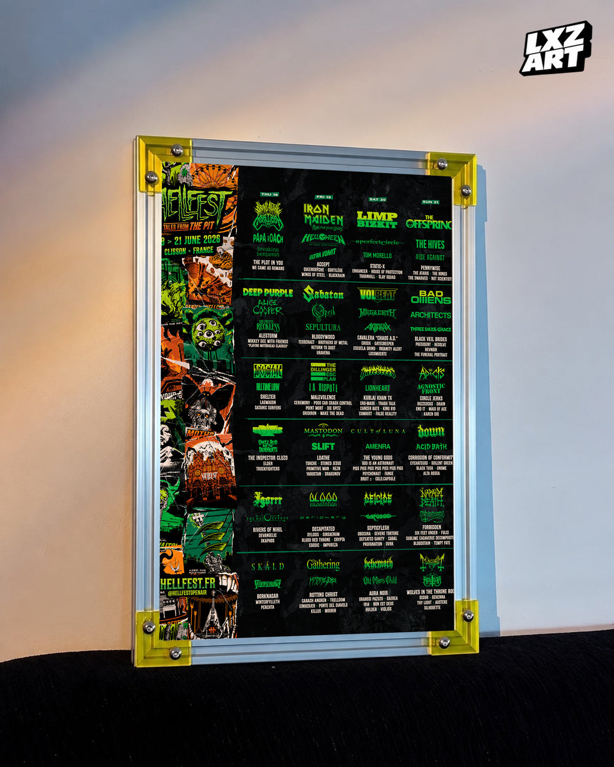 Iron Maiden Hellfest 2026 Festival Lineup poster displayed against a warm wall in a yellow-corner frame; unframed print, frame not included