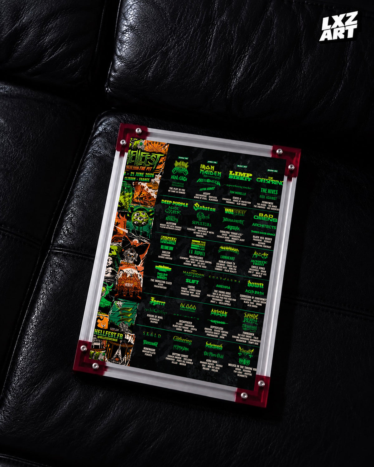Iron Maiden Hellfest 2026 Festival Lineup poster displayed on a black leather sofa in a red-corner frame; unframed print, frame not included