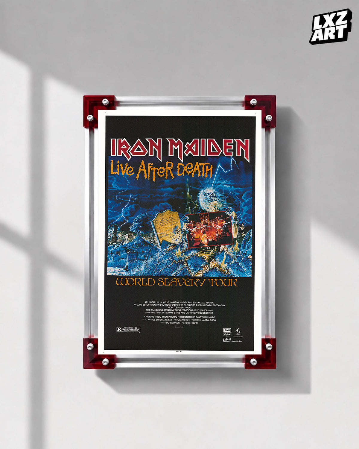 Iron Maiden Live After Death World Slavery Tour poster displayed on a gray wall in a red-corner frame; unframed print, frame not included