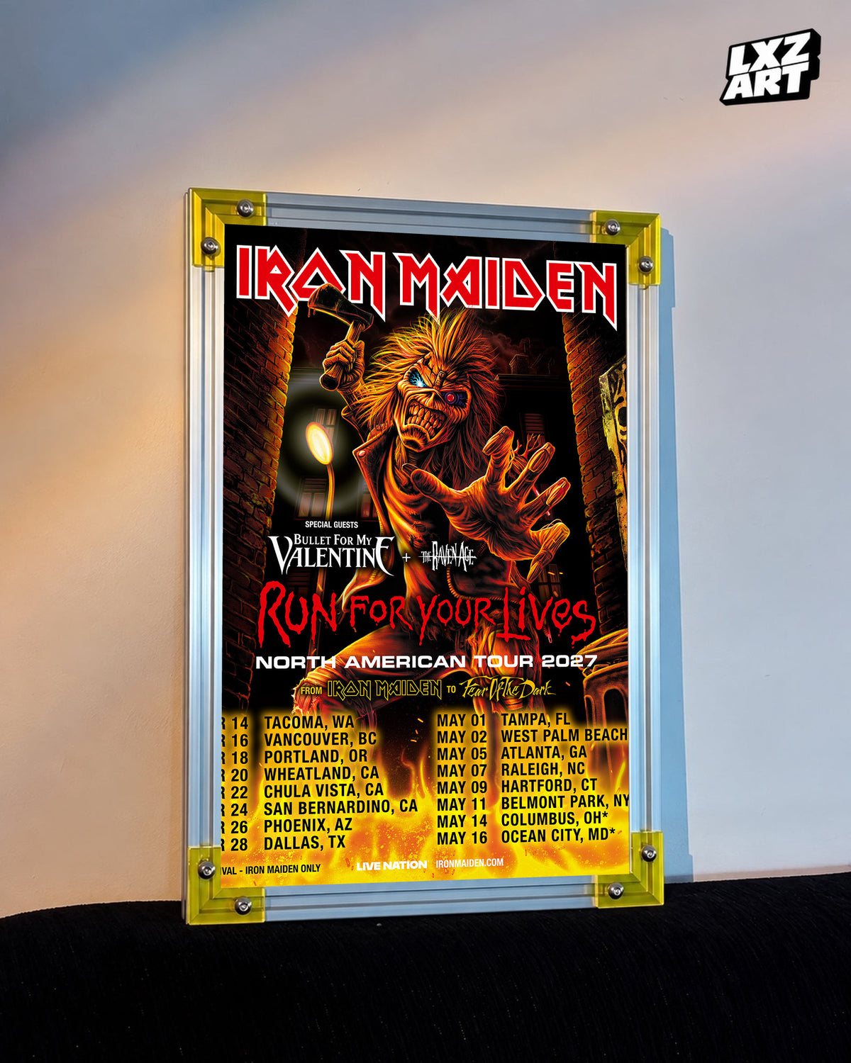 Iron Maiden Run For Your Lives North America 2027 Tour poster displayed against a warm wall in a yellow-corner frame; unframed print, frame not included