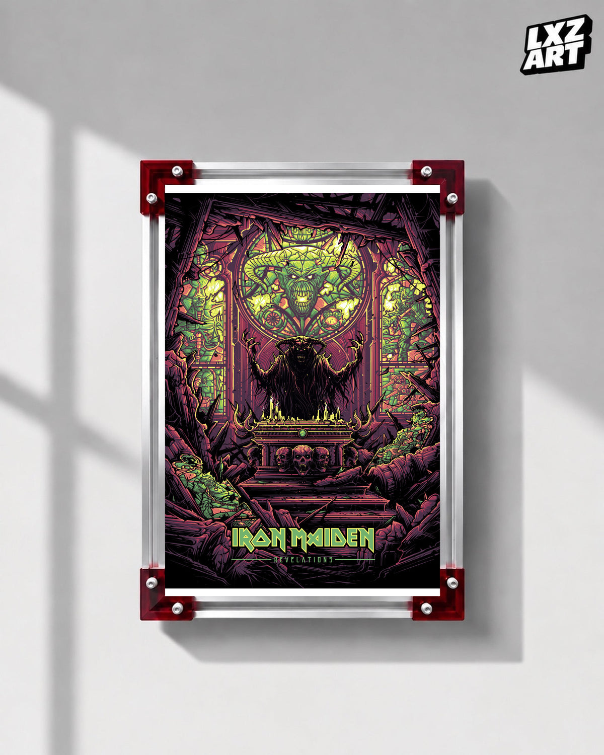Iron Maiden Revelations Song Art poster displayed on a gray wall in a red-corner frame; unframed print, frame not included