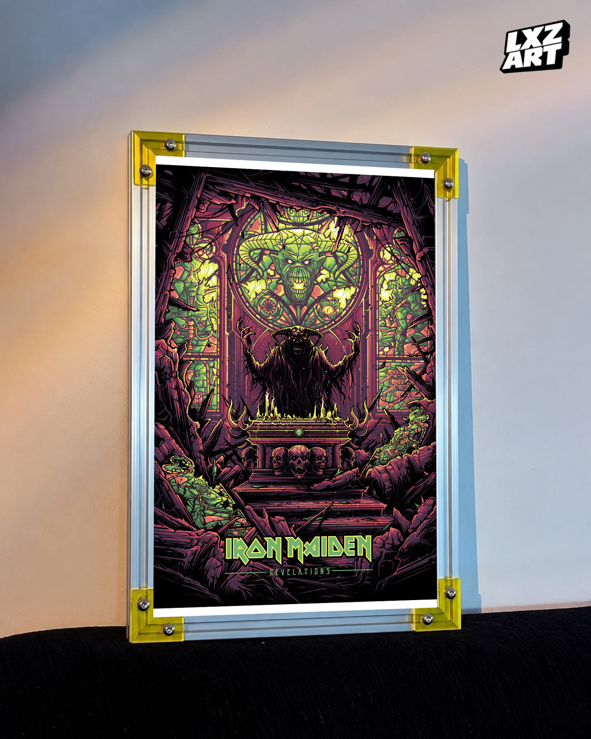 Iron Maiden Revelations Song Art poster displayed against a warm wall in a yellow-corner frame; unframed print, frame not included