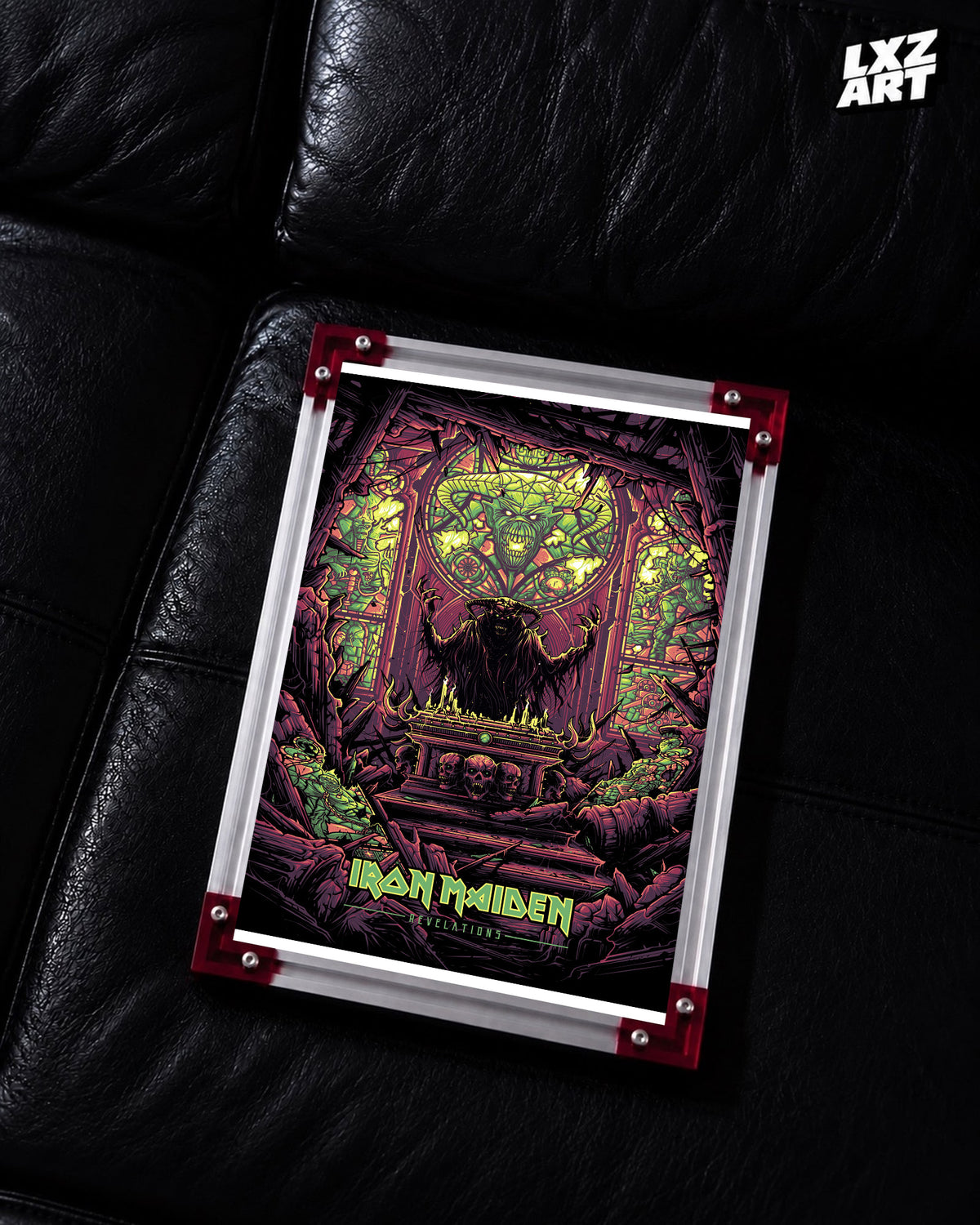 Iron Maiden Revelations Song Art poster displayed on a black leather sofa in a red-corner frame; unframed print, frame not included
