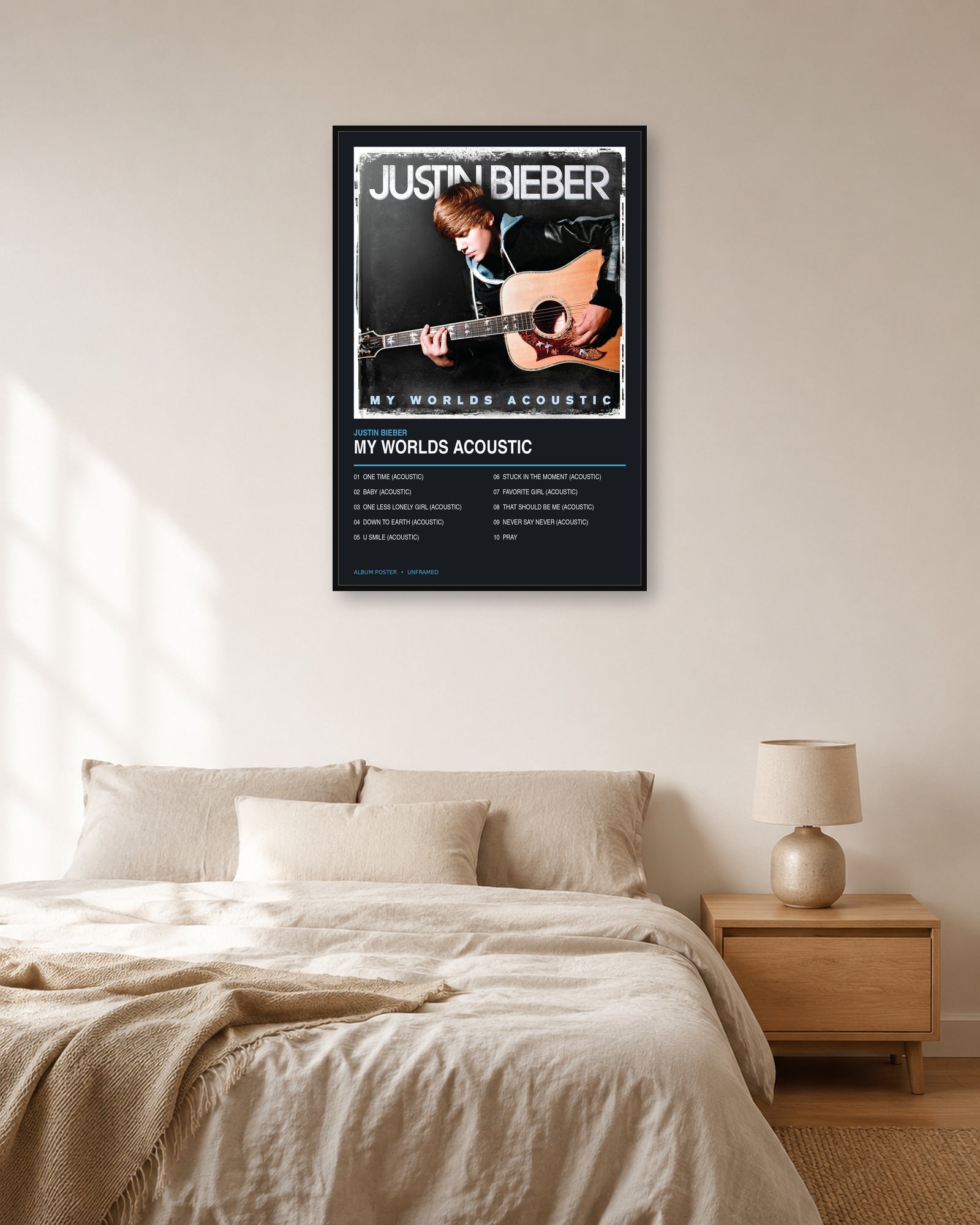 Justin Bieber My Worlds Acoustic album poster in fixed off-white natural-light bedroom display scene