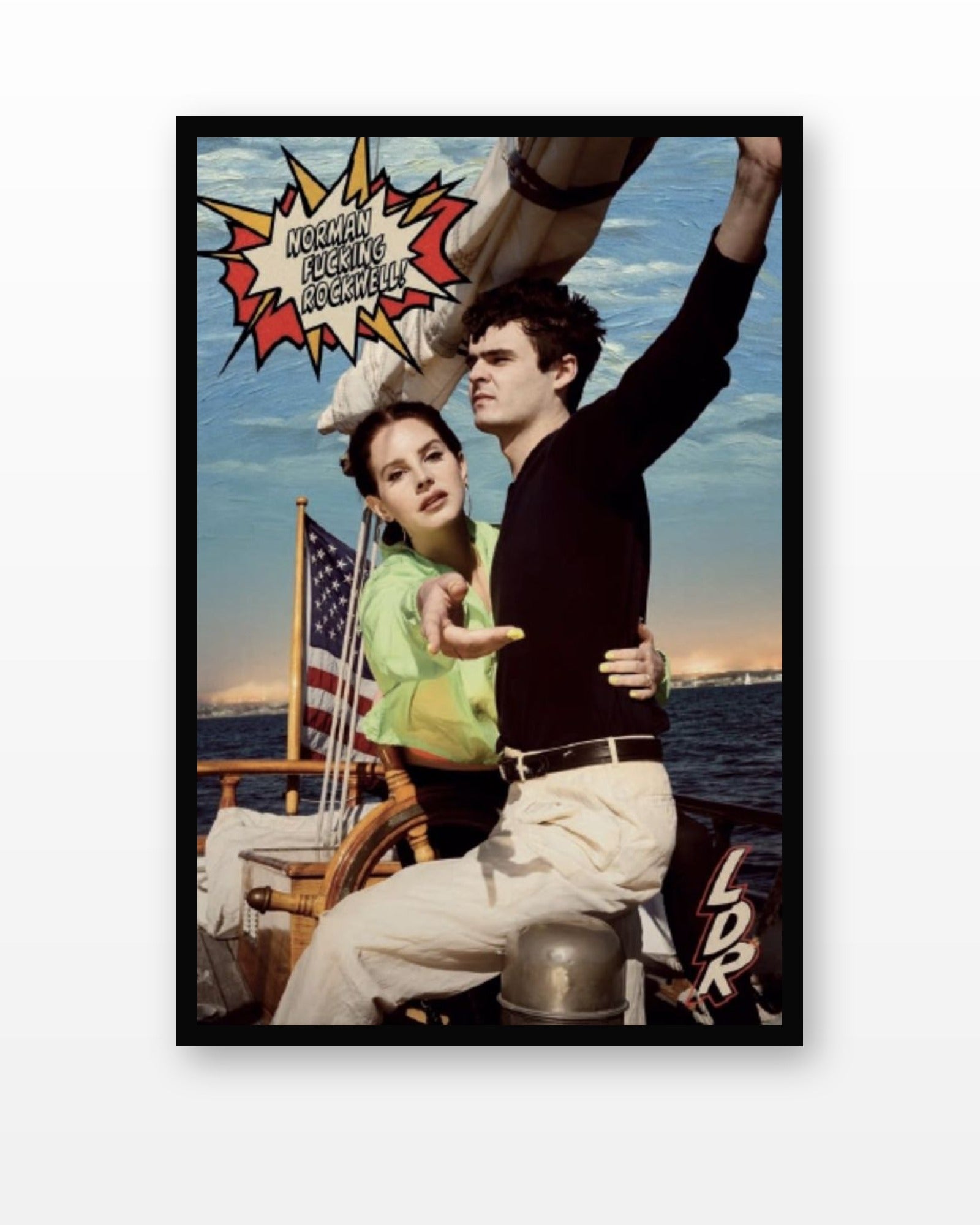 Lana Del Rey Norman Rockwell Album Poster in a black frame on a white wall