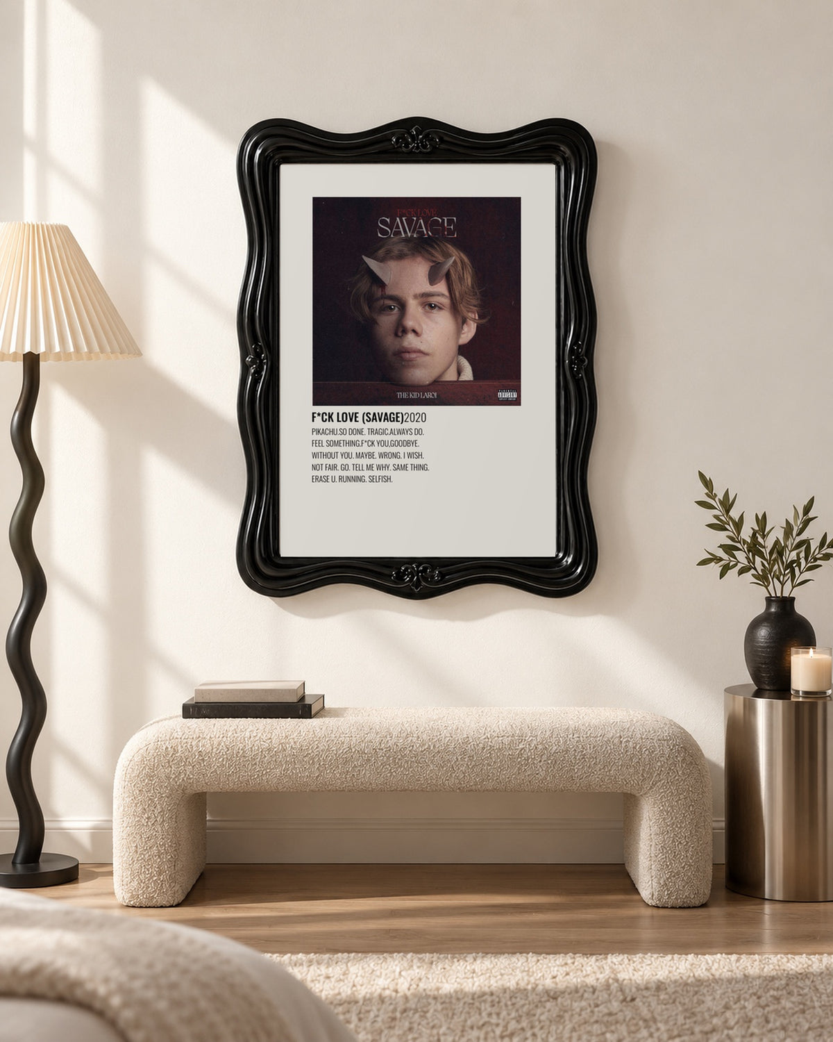 The Kid LAROI F*CK LOVE (SAVAGE) Burgundy Tracklist poster, bench room; frame not included