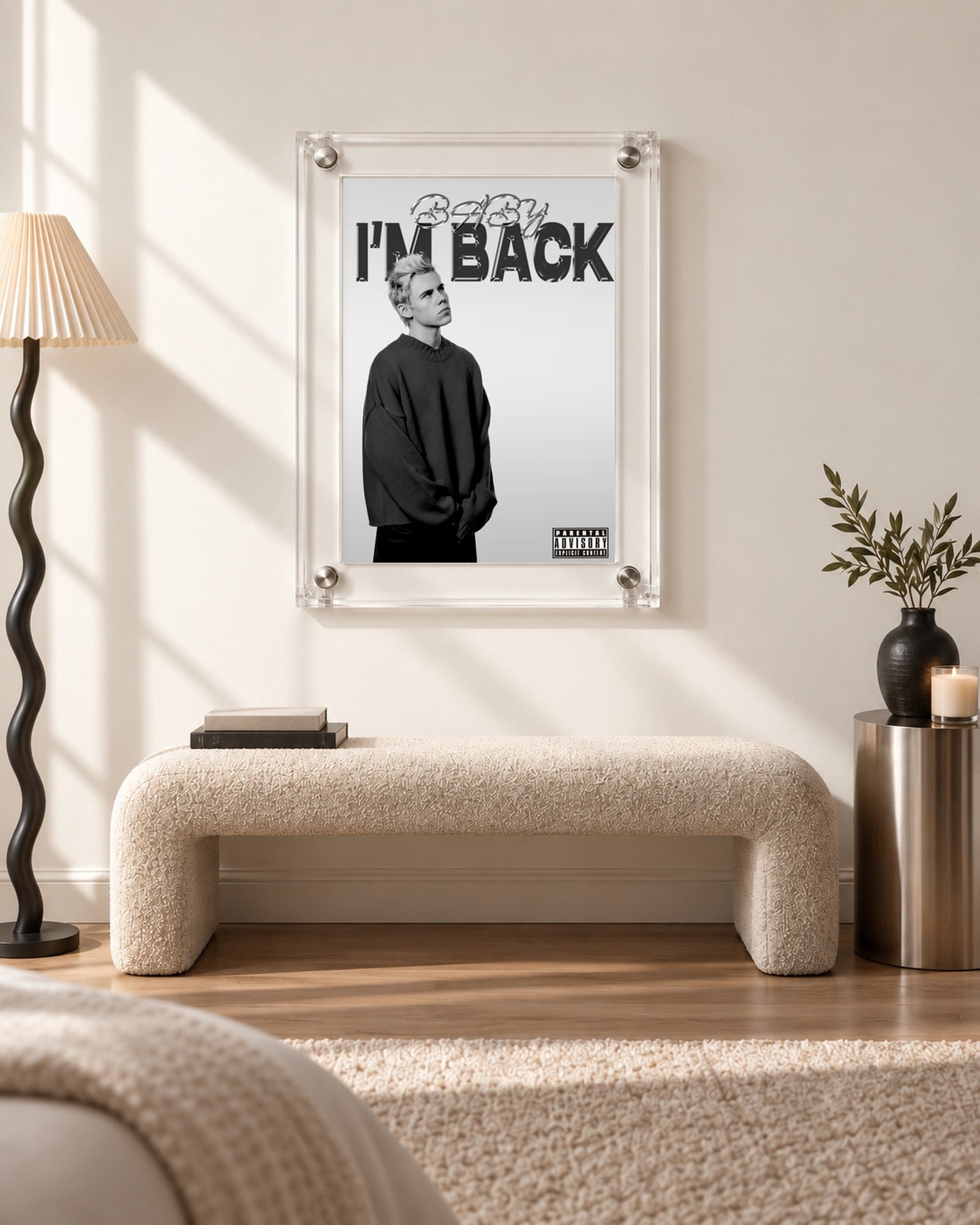 The Kid LAROI BABY I'M BACK Black and White Portrait poster, bench room; frame not included