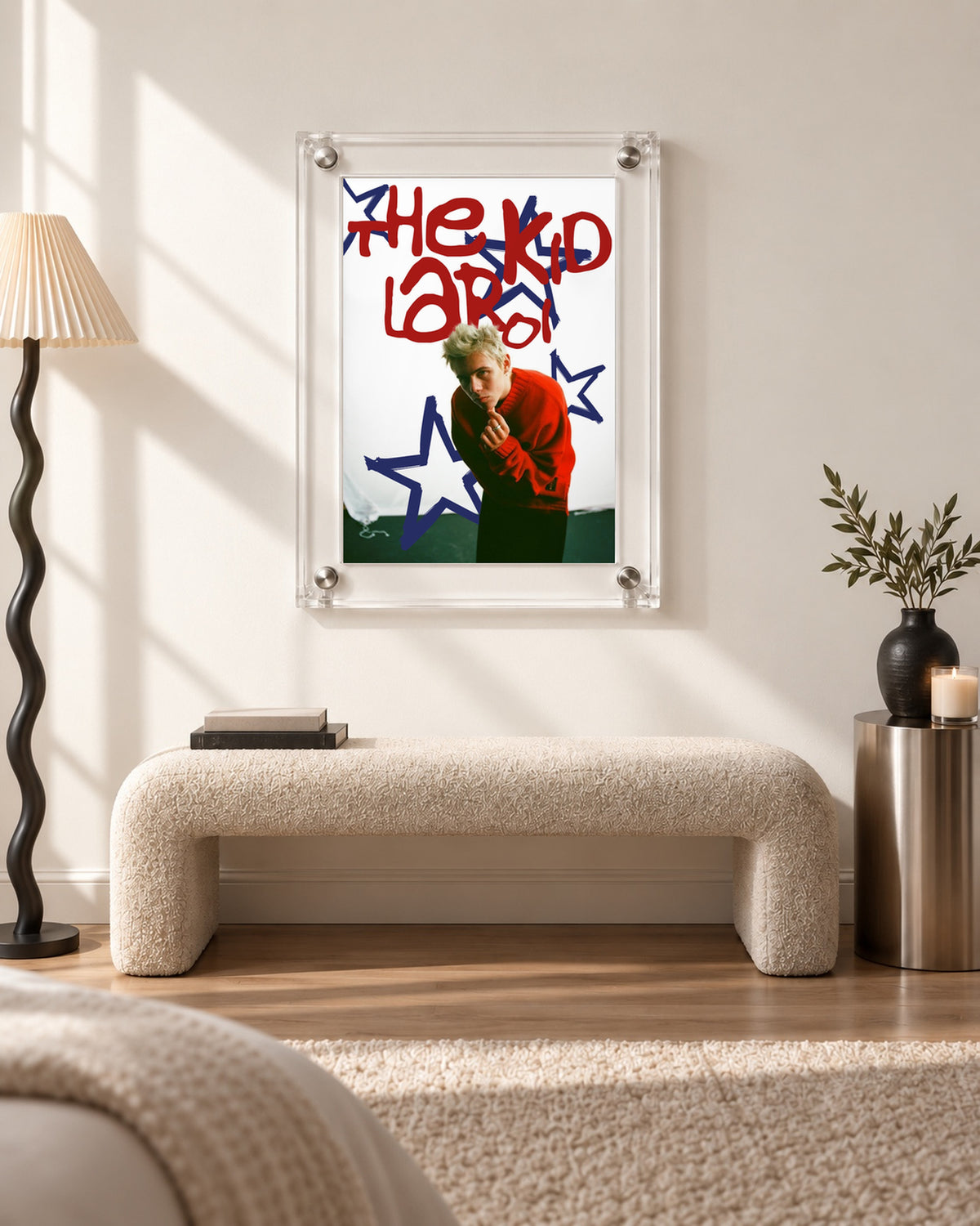 The Kid LAROI Red Sweater and Blue Stars poster, bench room; frame not included