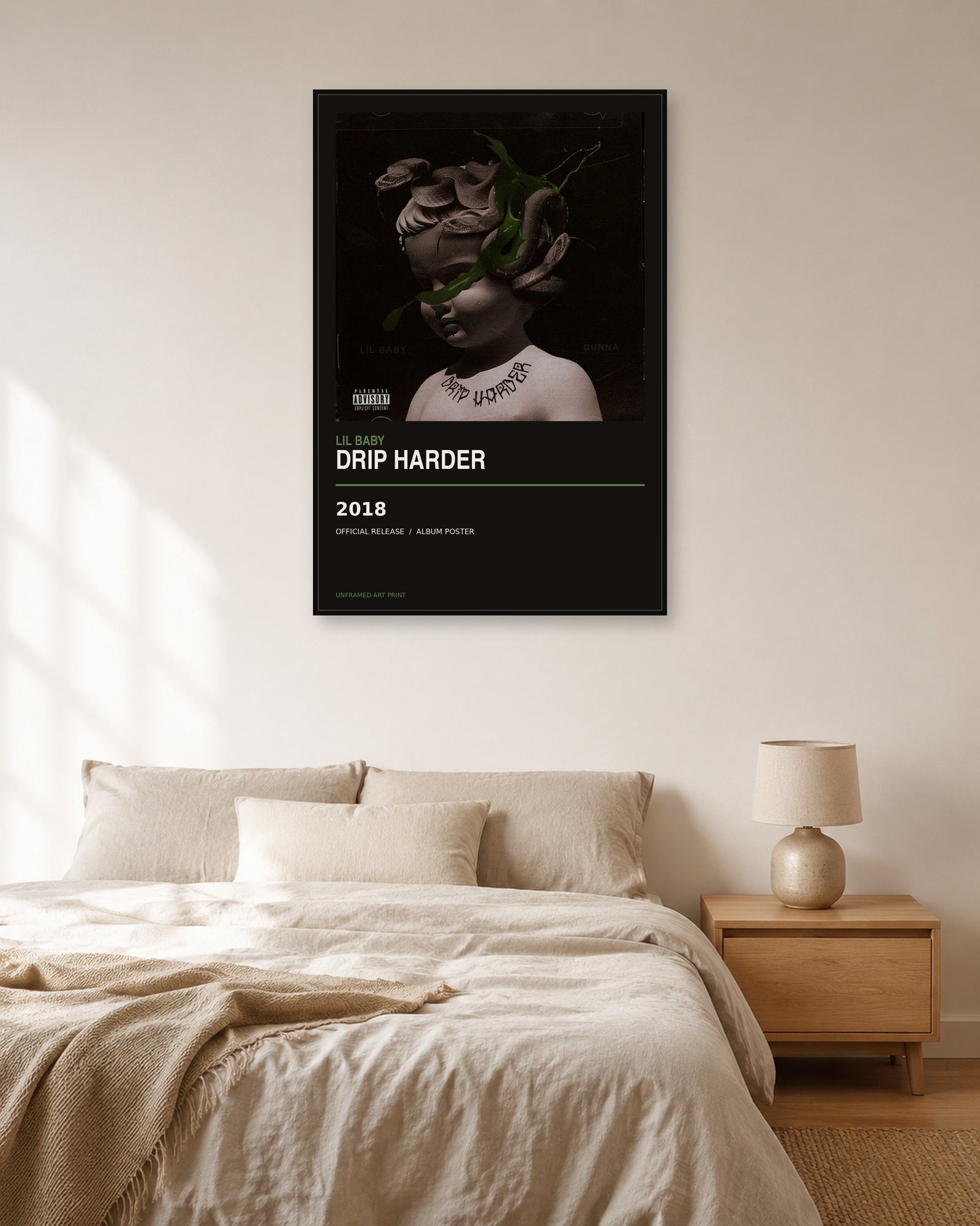 Lil Baby Drip Harder album poster displayed in natural light bedroom
