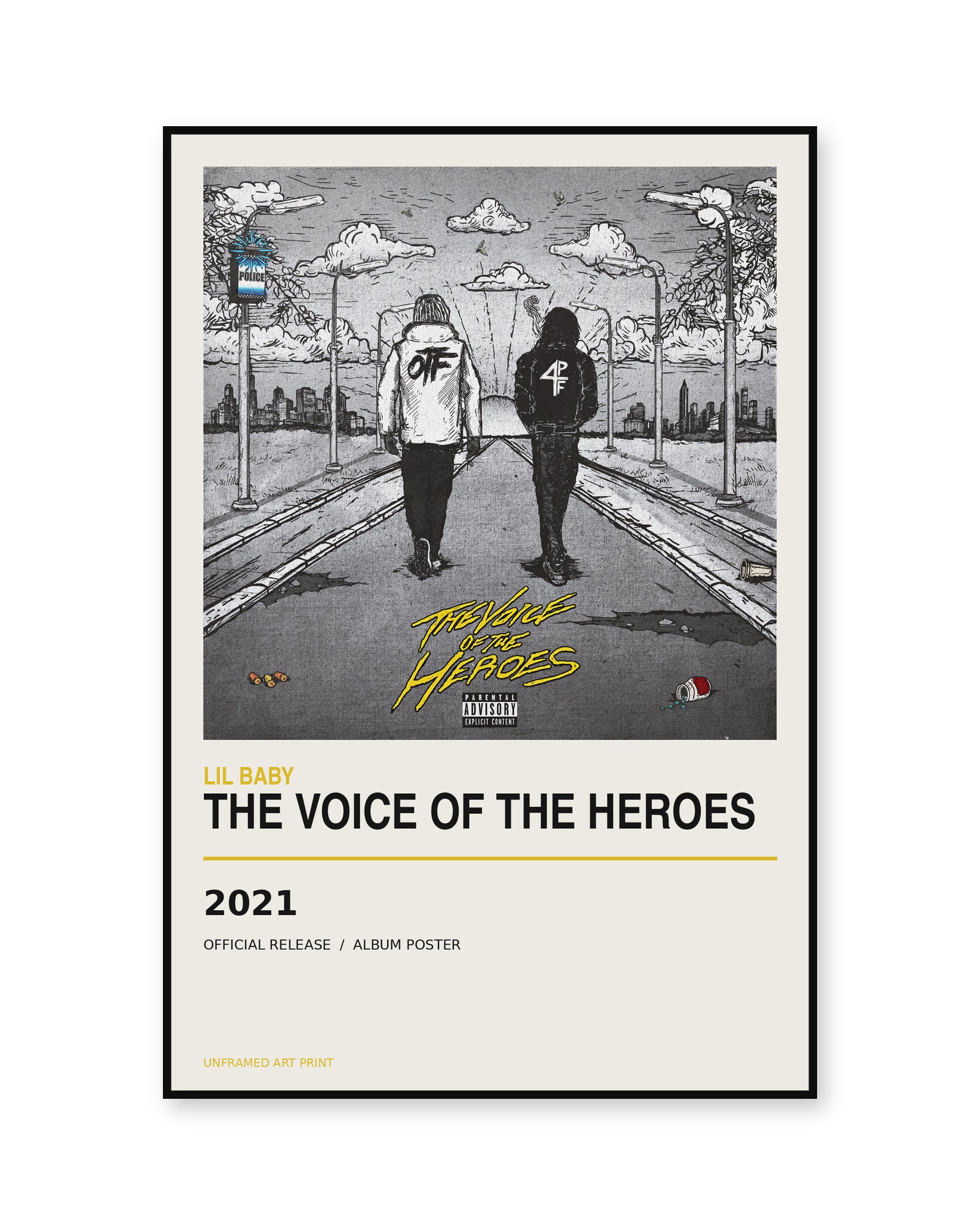 Lil Baby The Voice of the Heroes album poster, unframed, shown in thin black display frame on white background