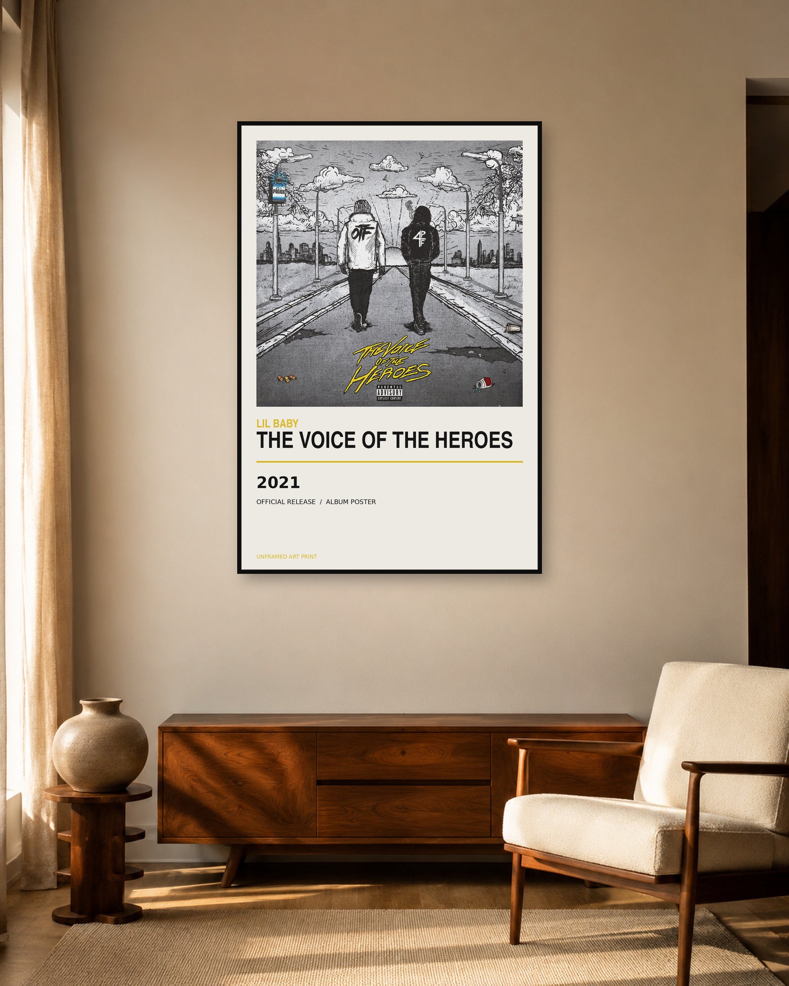 Lil Baby The Voice of the Heroes album poster displayed in warm mid-century living room