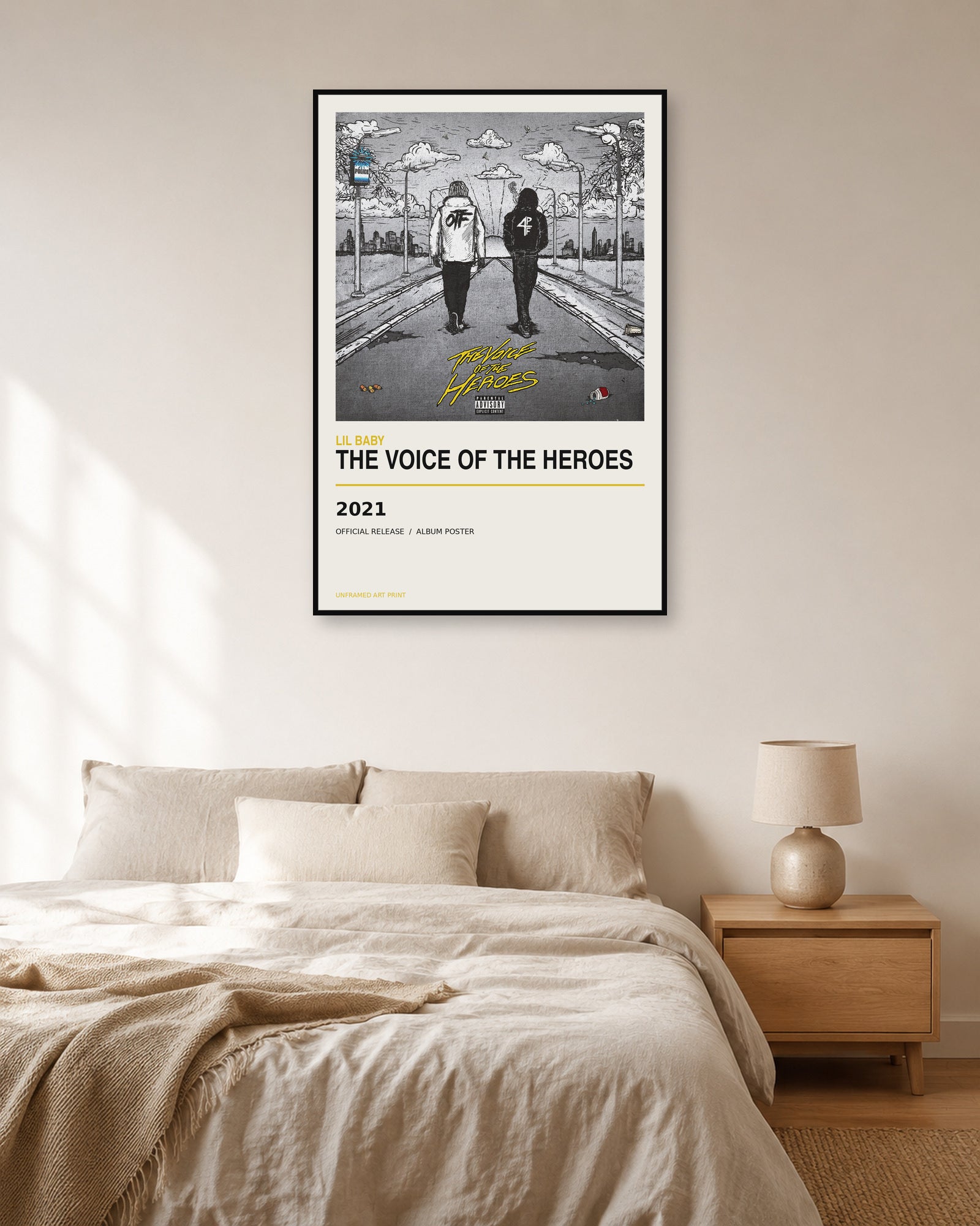 Lil Baby The Voice of the Heroes album poster displayed in natural light bedroom