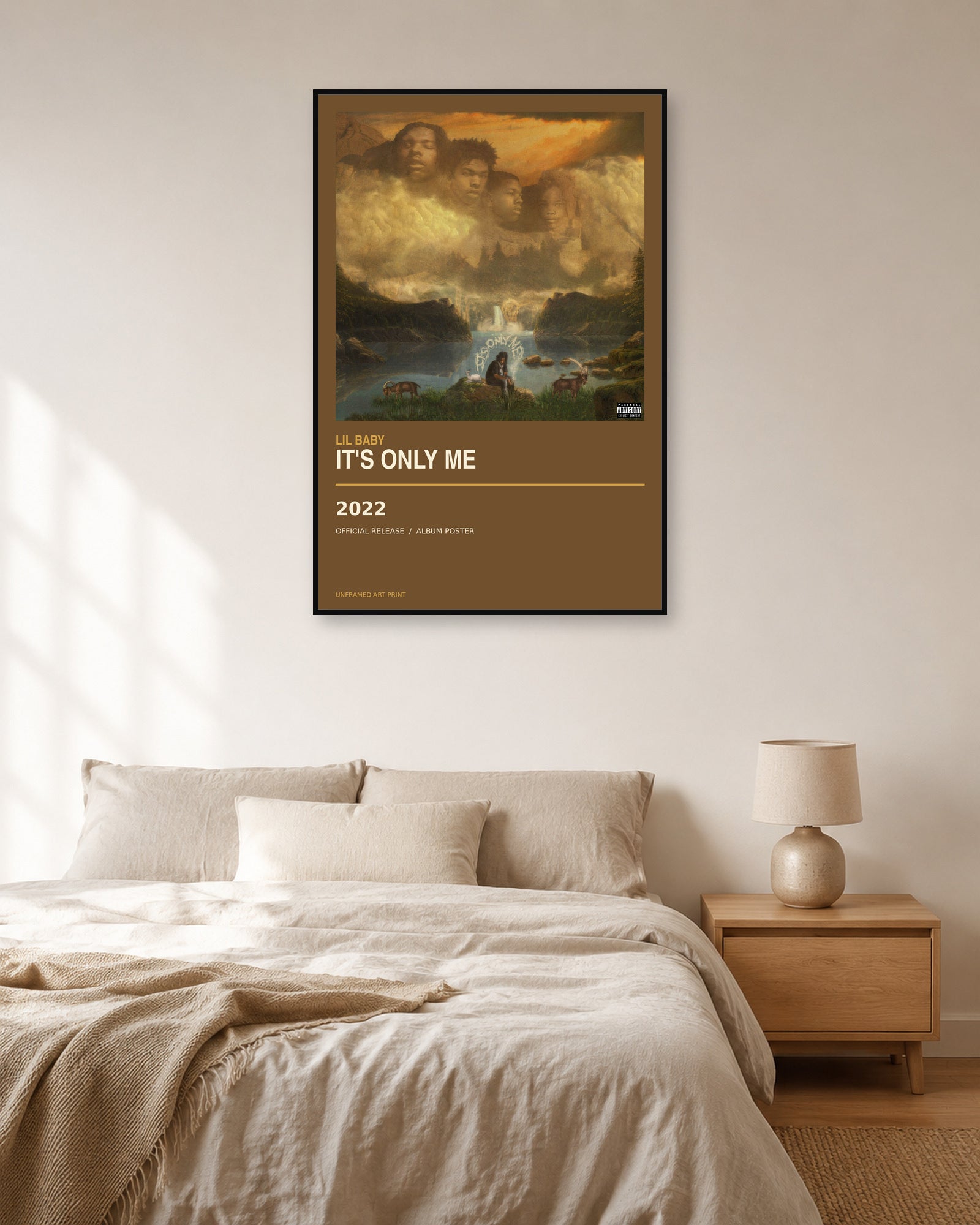 Lil Baby It's Only Me album poster displayed in natural light bedroom