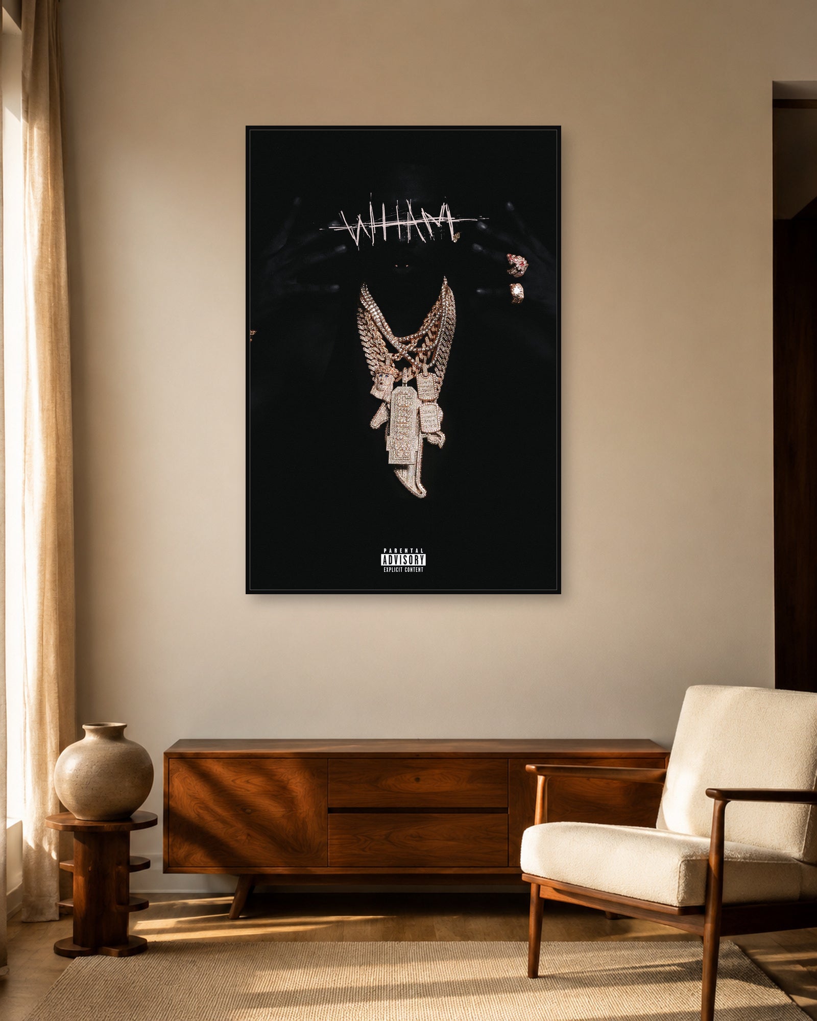 Lil Baby WHAM album poster displayed in warm mid-century living room