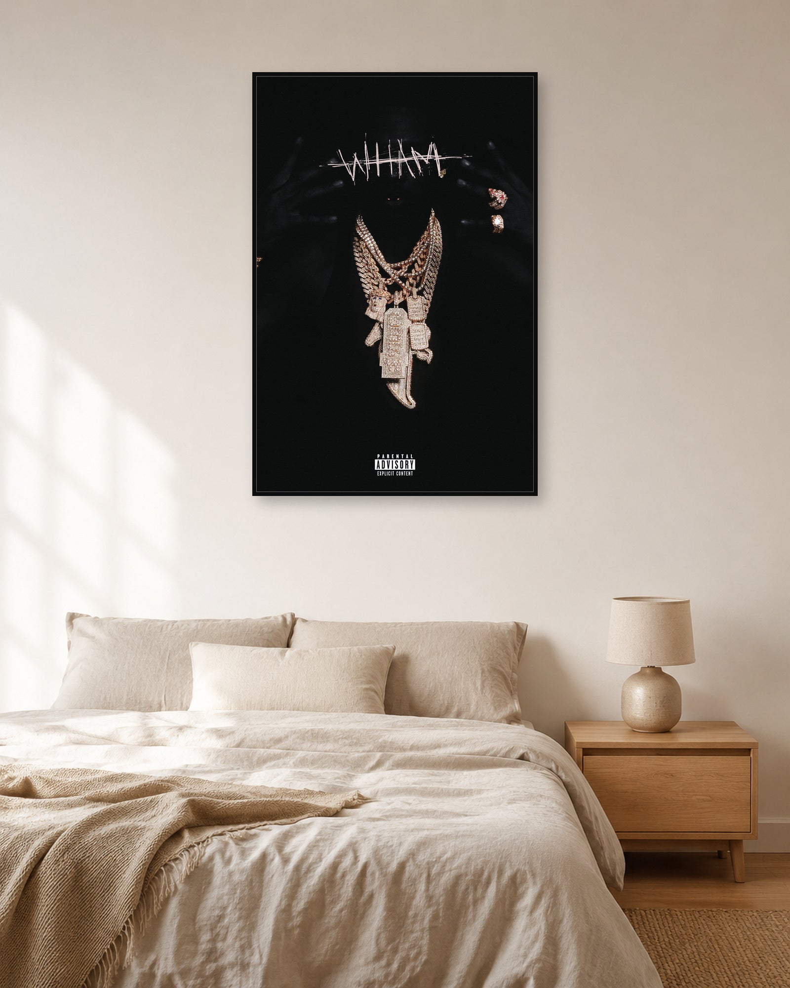 Lil Baby WHAM album poster displayed in natural light bedroom