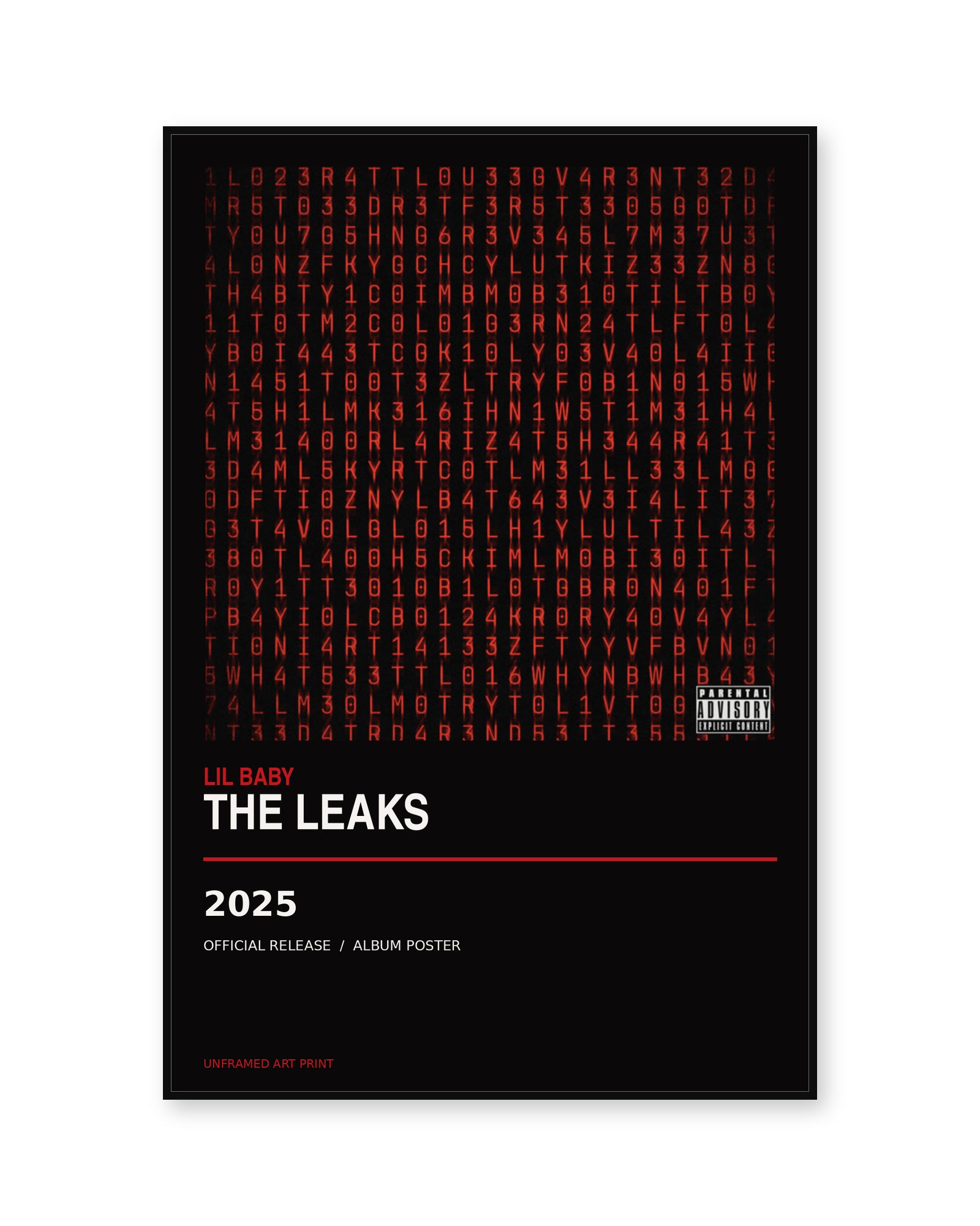 Lil Baby The Leaks album poster, unframed, shown in thin black display frame on white background