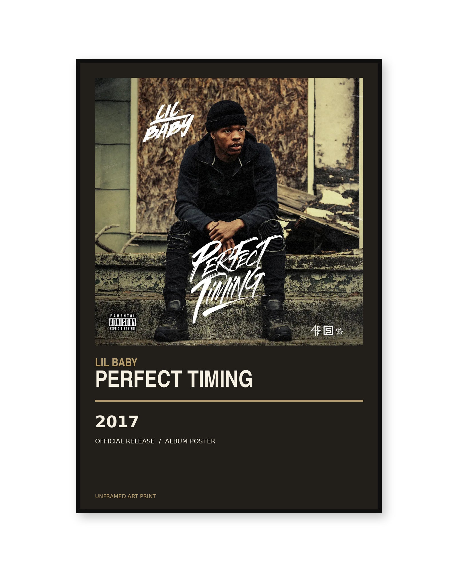 Lil Baby Perfect Timing album poster, unframed, shown in thin black display frame on white background