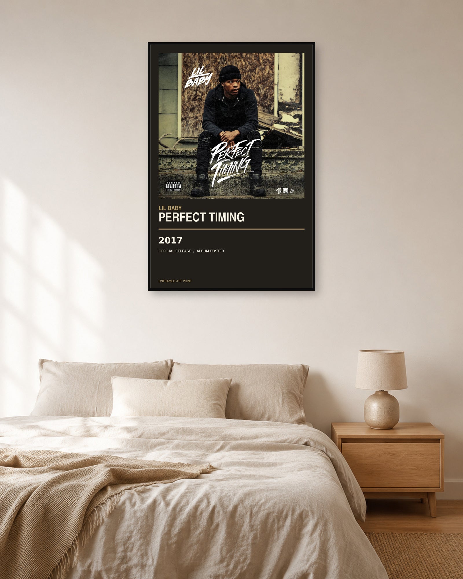 Lil Baby Perfect Timing album poster displayed in natural light bedroom