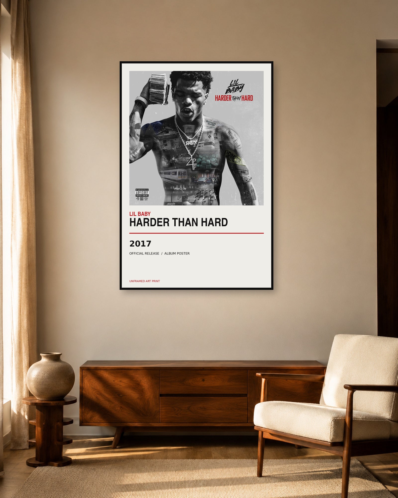Lil Baby Harder Than Hard album poster displayed in warm mid-century living room