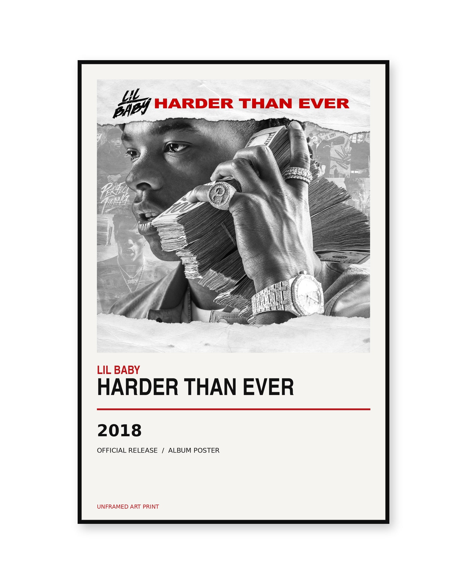 Lil Baby Harder Than Ever album poster, unframed, shown in thin black display frame on white background