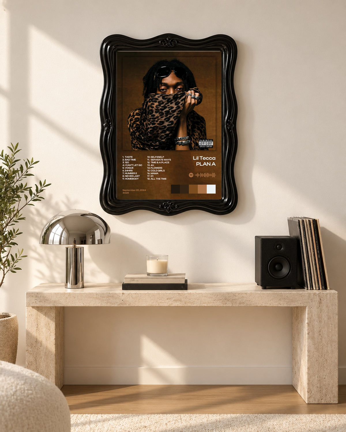 Lil Tecca PLAN A Brown and Gold Tracklist Poster; console room scene; black ornate frame for display only. Print sold unframed.