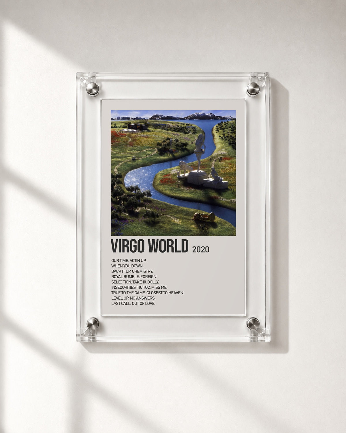 Lil Tecca Virgo World Cream Tracklist Poster; frame close-up; transparent acrylic frame for display only. Print sold unframed.