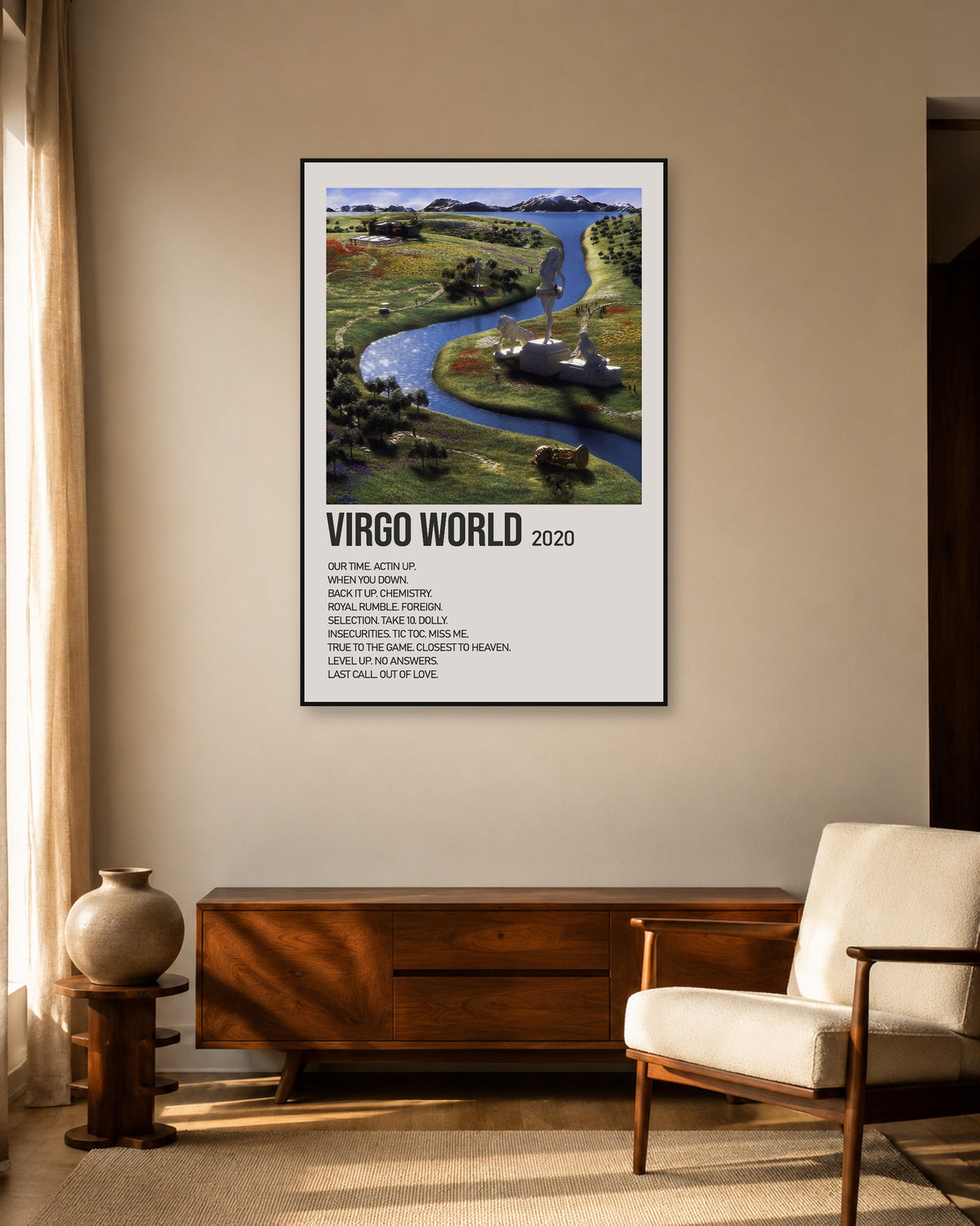 Lil Tecca Virgo World Cream Tracklist Poster — warm mid-century living room display. Print sold unframed; frame for display only.