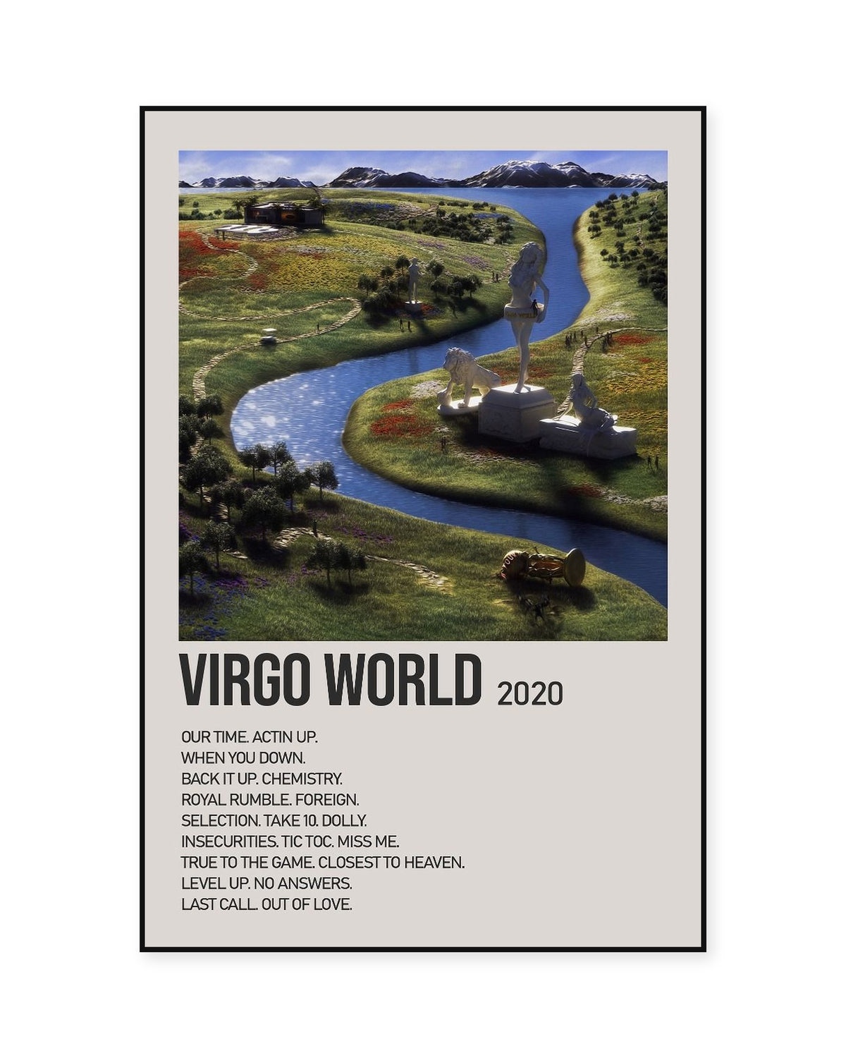 Lil Tecca Virgo World Cream Tracklist Poster — front view in a thin black display frame. Print sold unframed; frame for display only.