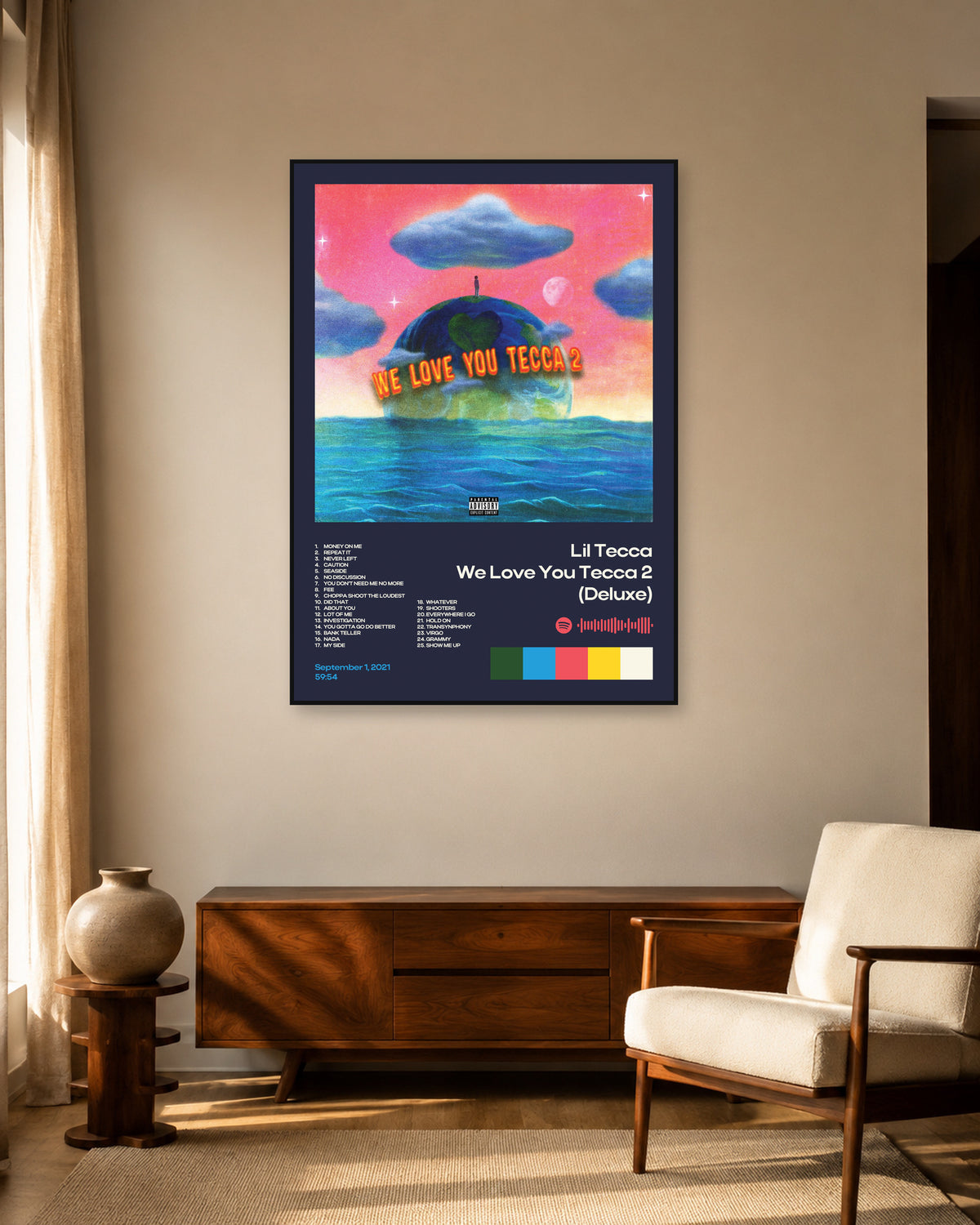 Lil Tecca We Love You Tecca 2 (Deluxe) Navy Tracklist Poster — warm mid-century living room display. Print sold unframed; frame for display only.