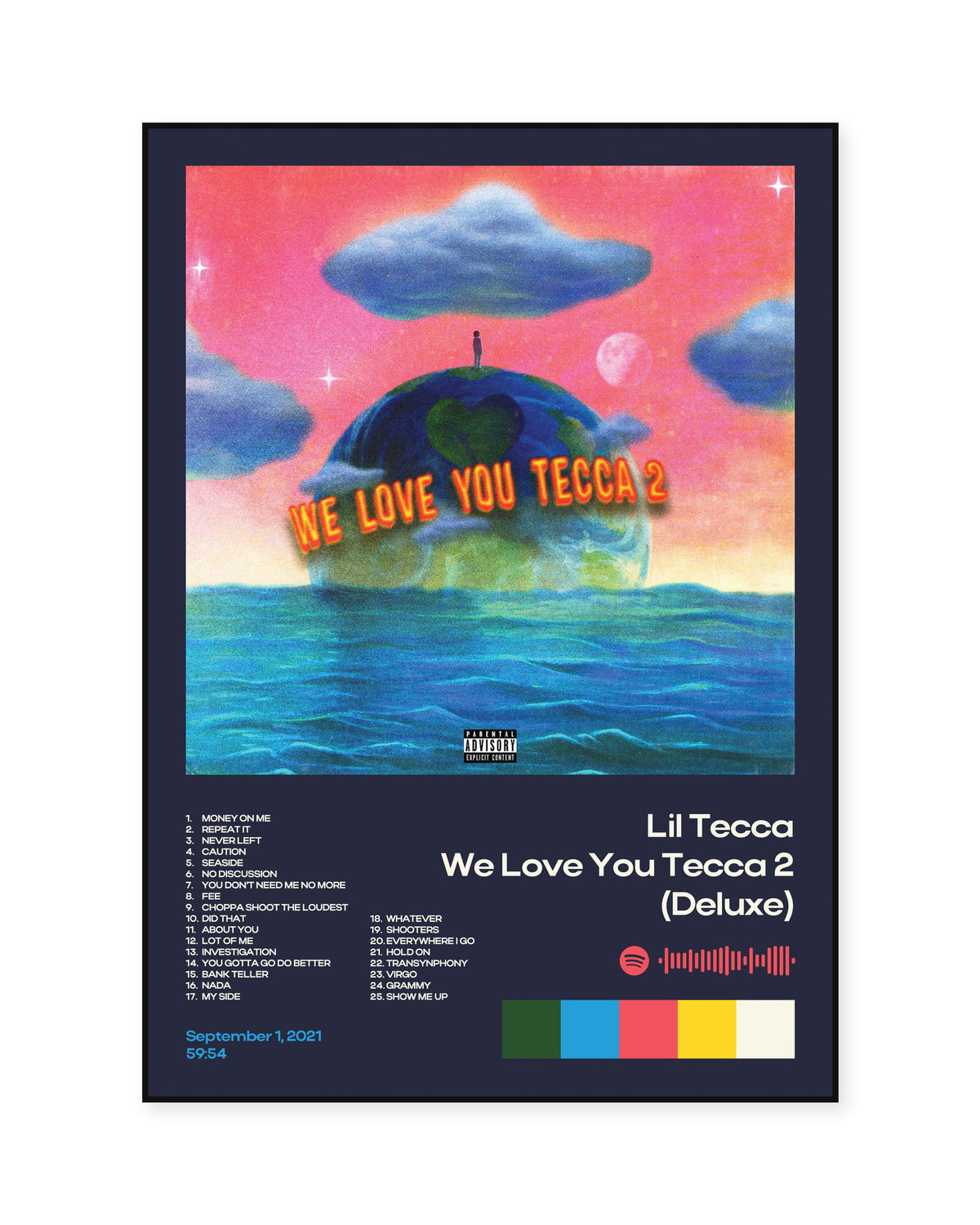 Lil Tecca We Love You Tecca 2 (Deluxe) Navy Tracklist Poster — front view in a thin black display frame. Print sold unframed; frame for display only.