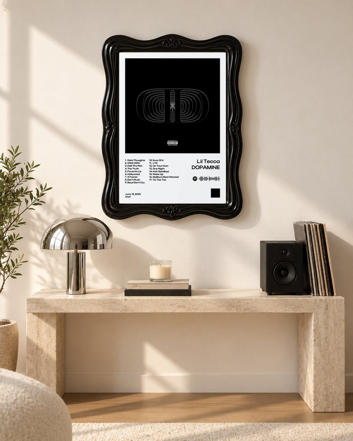 Lil Tecca DOPAMINE White Tracklist Poster; console room scene; black ornate frame for display only. Print sold unframed.