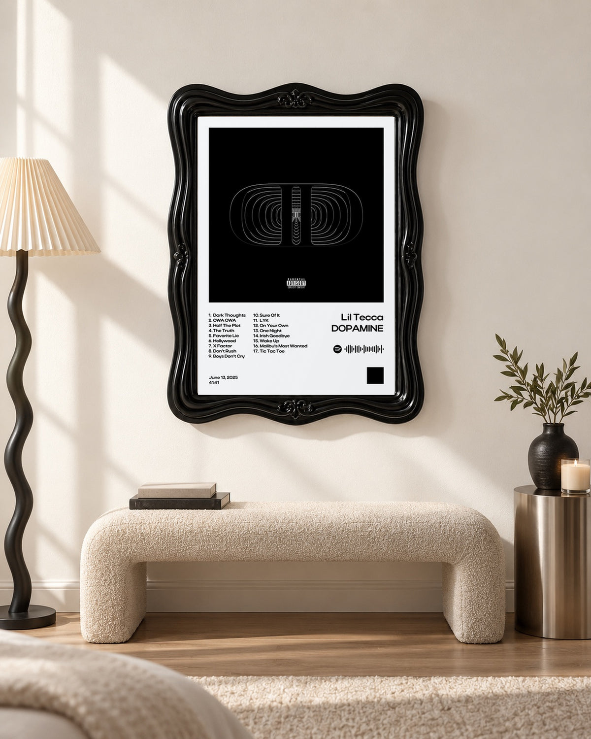 Lil Tecca DOPAMINE White Tracklist Poster; bench room scene; black ornate frame for display only. Print sold unframed.