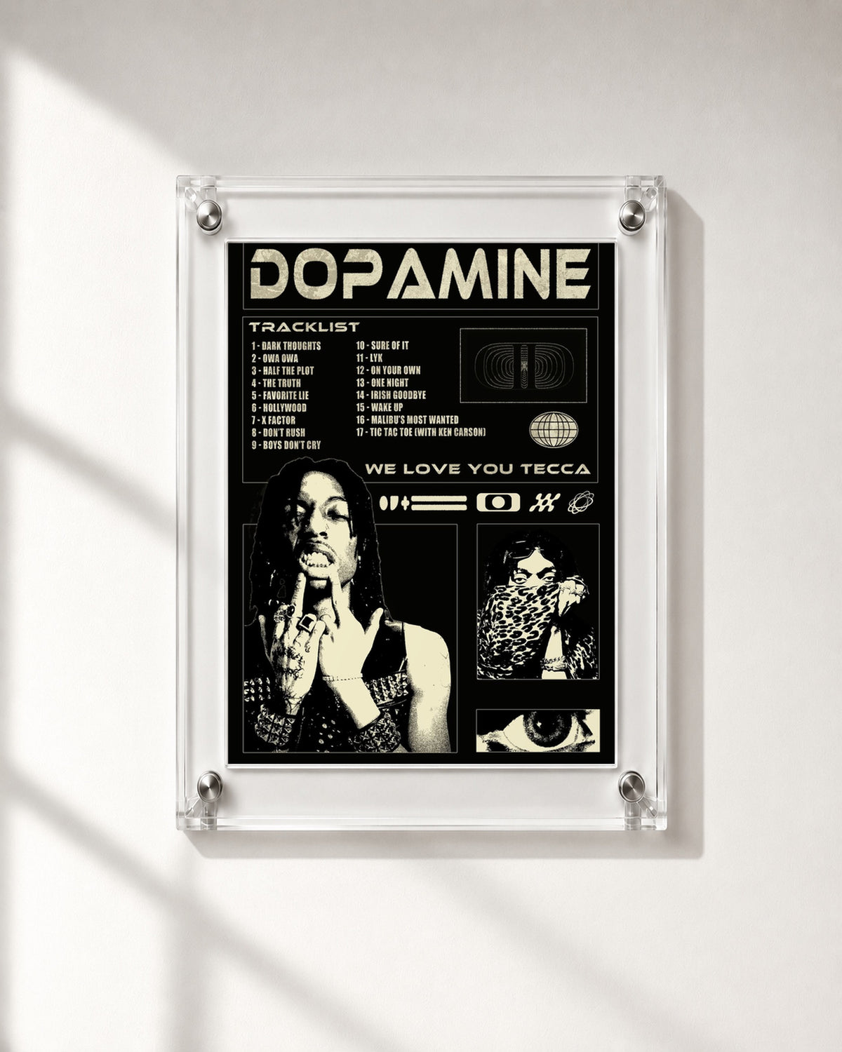 Lil Tecca DOPAMINE Black and Cream Collage Poster; frame close-up; transparent acrylic frame for display only. Print sold unframed.