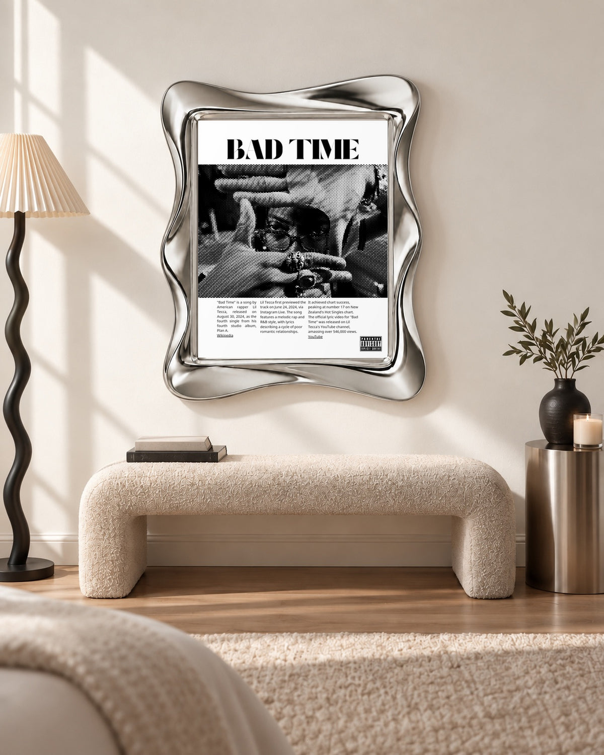Lil Tecca BAD TIME Halftone Portrait Poster; bench room scene; silver wave frame for display only. Print sold unframed.