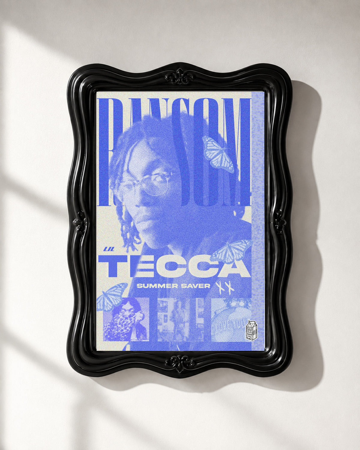 Lil Tecca Ransom Blue Butterfly Portrait Poster; frame close-up; black ornate frame for display only. Print sold unframed.