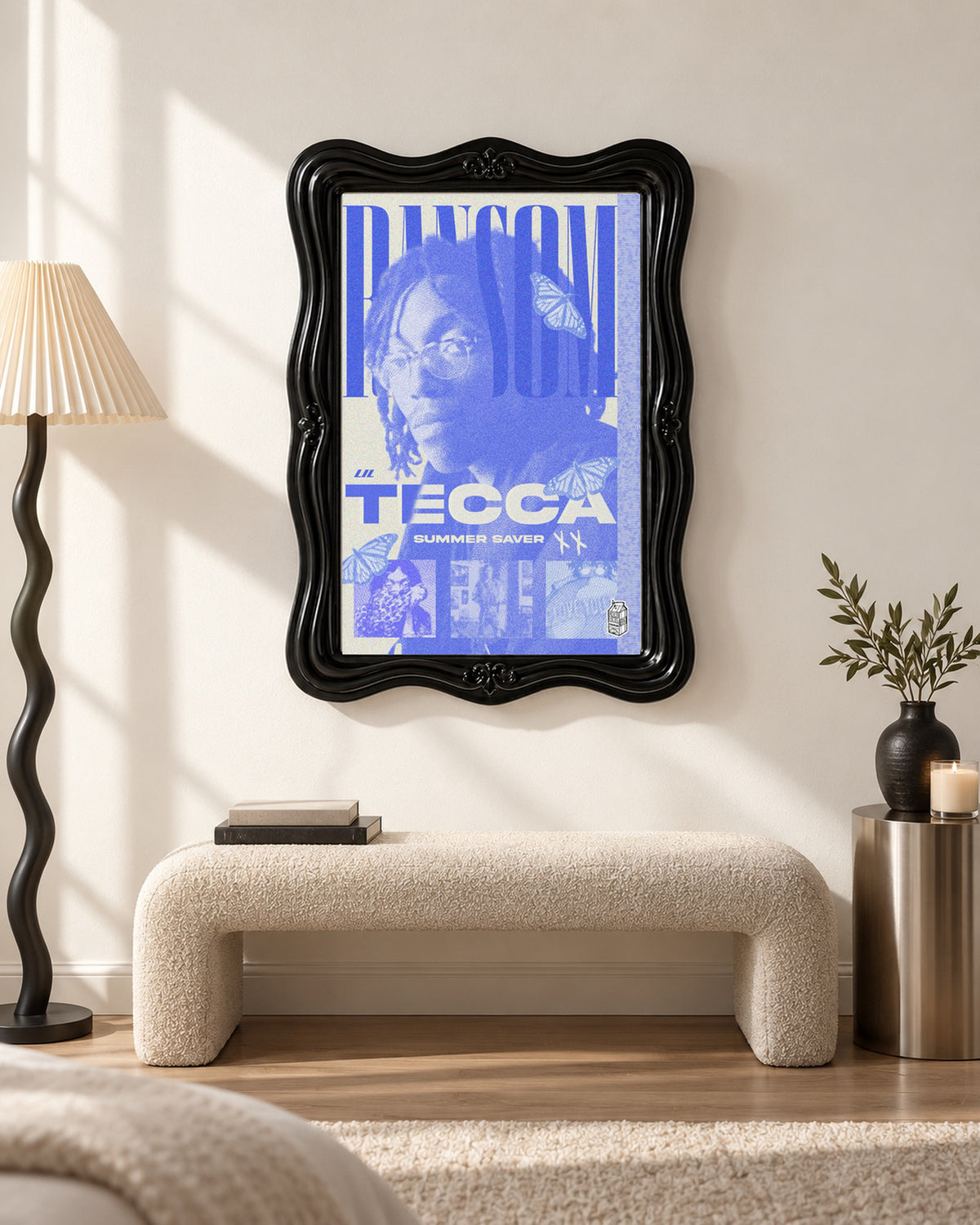 Lil Tecca Ransom Blue Butterfly Portrait Poster; bench room scene; black ornate frame for display only. Print sold unframed.