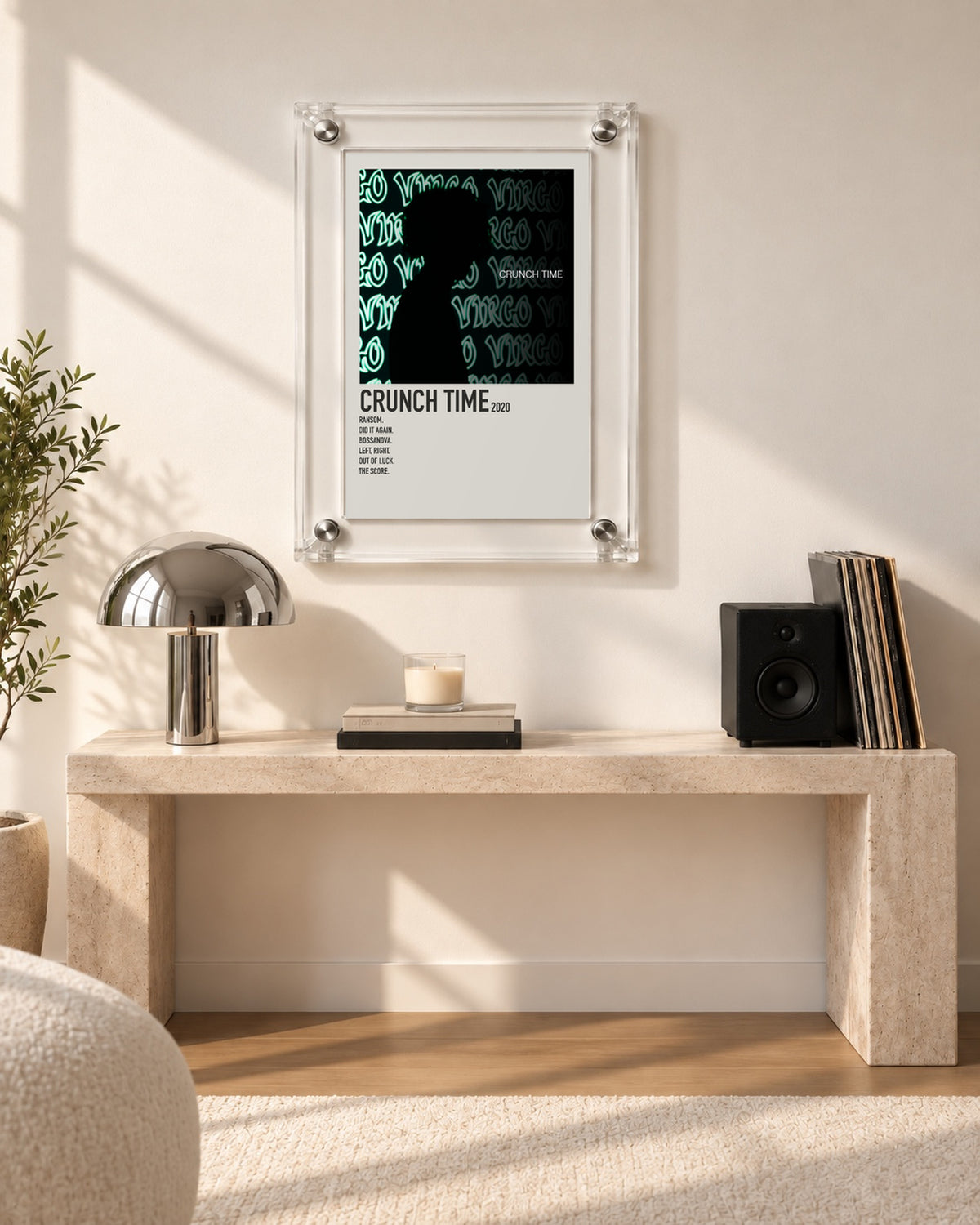 Lil Tecca Crunch Time Cream Tracklist Poster; console room scene; transparent acrylic frame for display only. Print sold unframed.