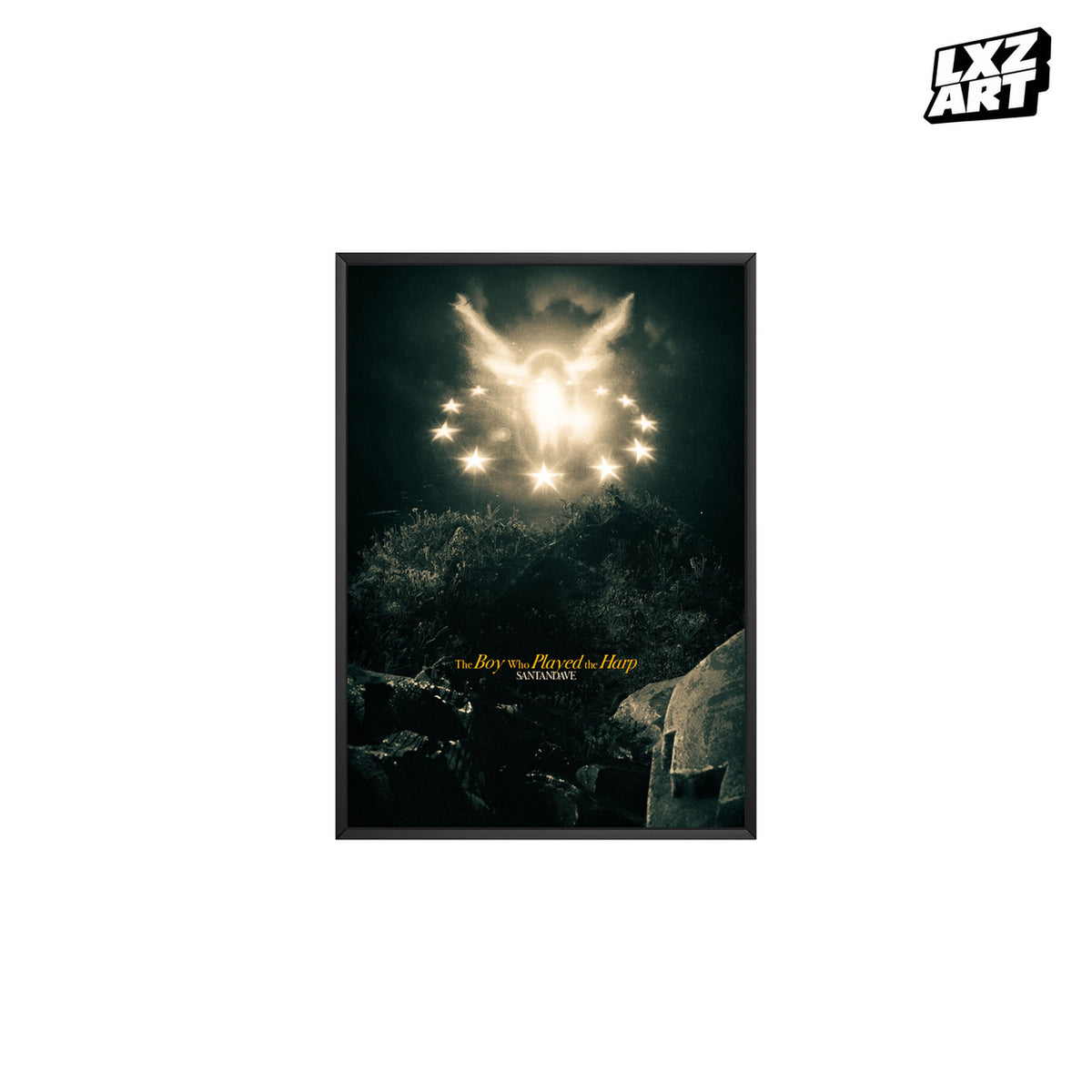 Dave The Boy Who Played the Harp Forest Light poster – white background black frame; frame not included