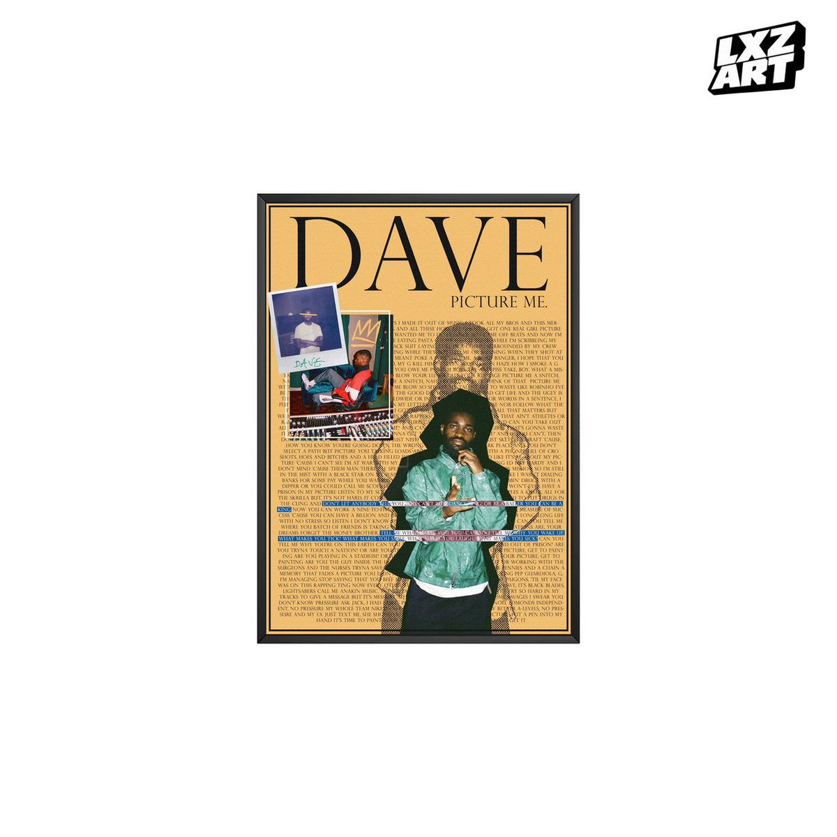Dave Picture Me Yellow Lyrics poster – white background black frame; frame not included