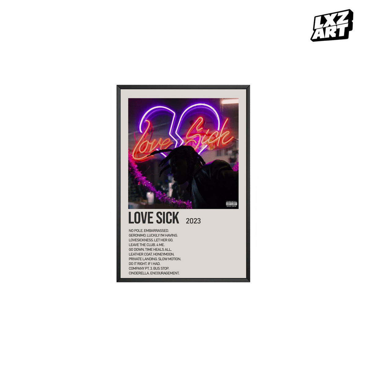 Don Toliver Love Sick Cream Tracklist poster – white background black frame; frame not included