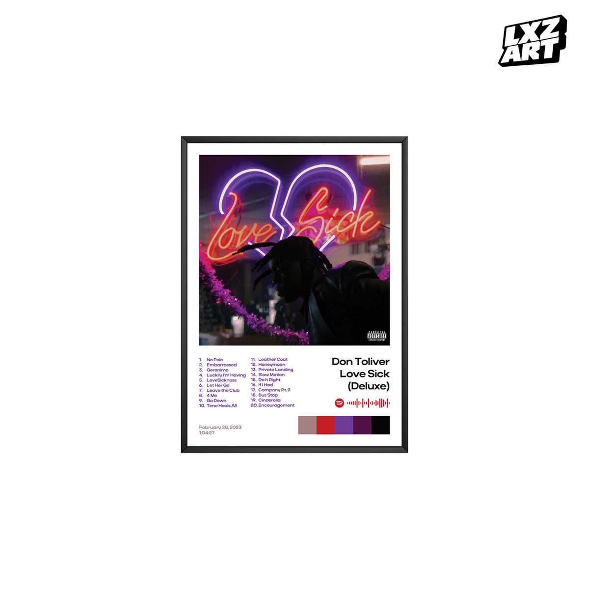 Don Toliver Love Sick Deluxe White Tracklist poster – white background black frame; frame not included