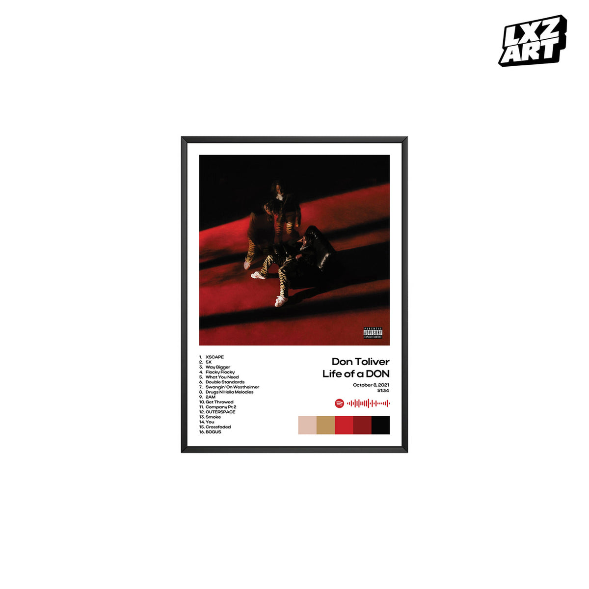Don Toliver Life of a DON White Tracklist poster – white background black frame; frame not included