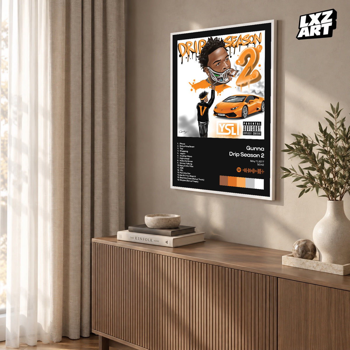 Gunna Drip Season 2 White Tracklist poster – warm wall display; frame not included