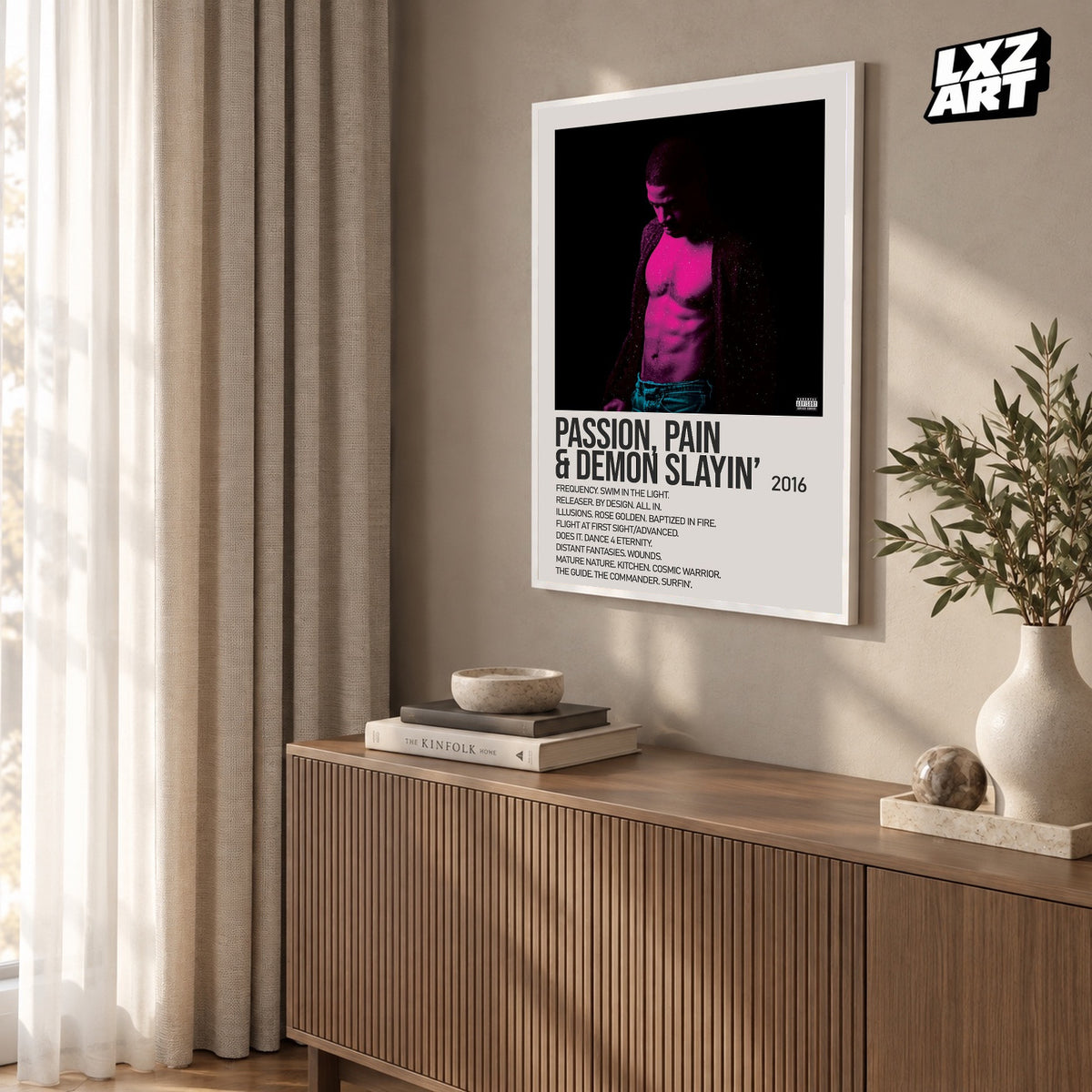Kid Cudi Passion, Pain & Demon Slayin' Cream Magenta Tracklist poster; frame for display only