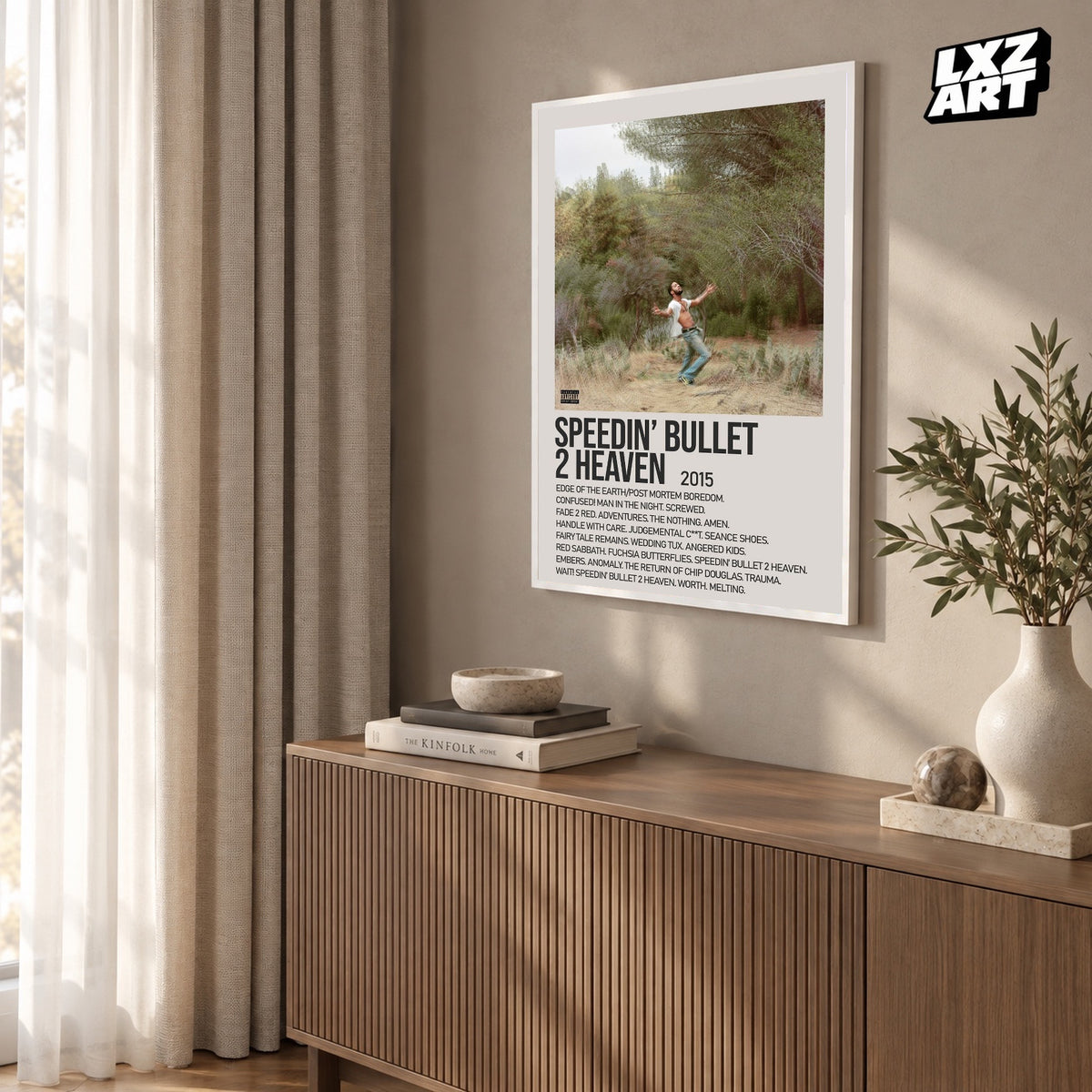 Kid Cudi Speedin’ Bullet 2 Heaven Cream Forest Tracklist poster; frame for display only
